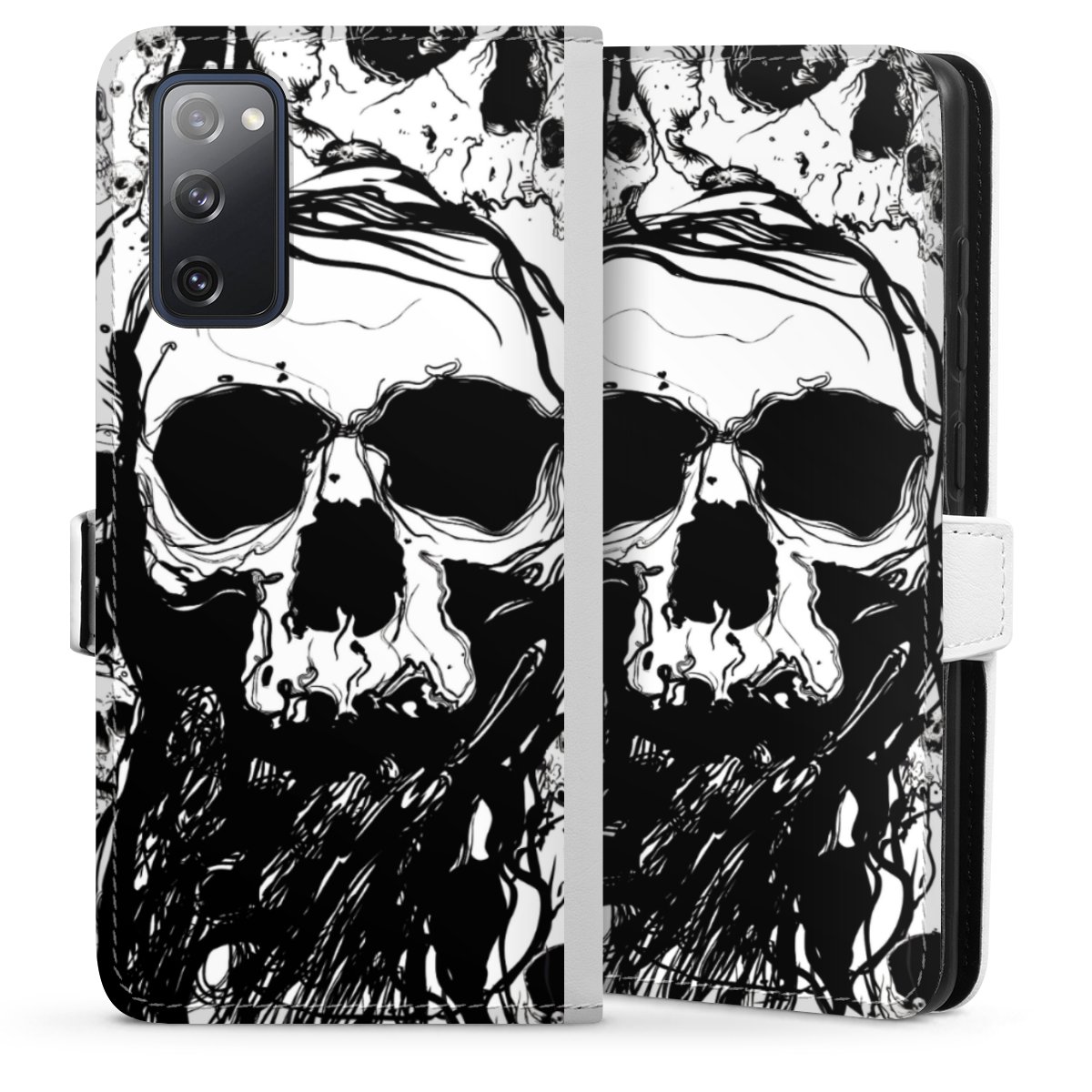 Galaxy S20 FE Handy Klapphülle Handyhülle aus Kunst Leder weiß Flip Case Totenkopf Halloween Sideflip mit Lasche