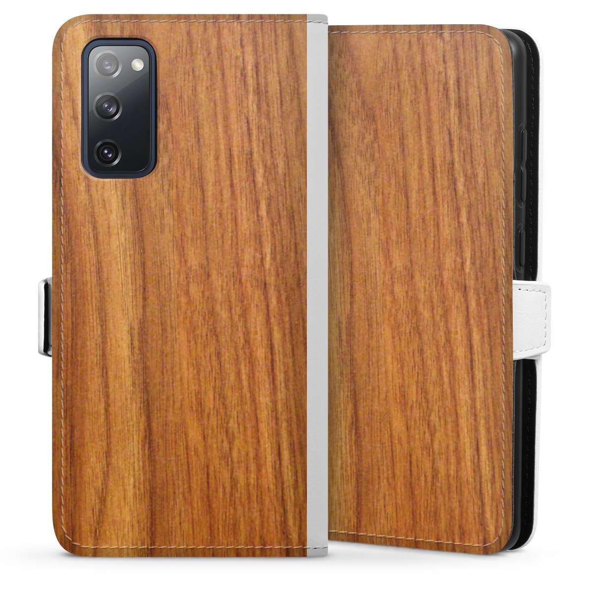 Galaxy S20 FE Handy Klapphülle Handyhülle aus Kunst Leder weiß Flip Case Wood Larch Wooden Look Sideflip mit Lasche