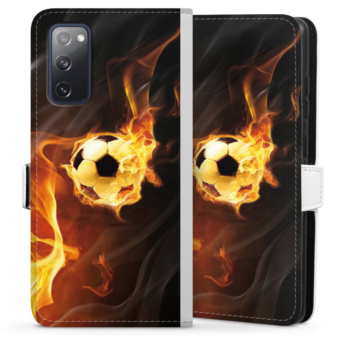 Galaxy S20 FE Handy Klapphülle Handyhülle aus Kunst Leder weiß Flip Case Ball Fire Soccer Sideflip mit Lasche