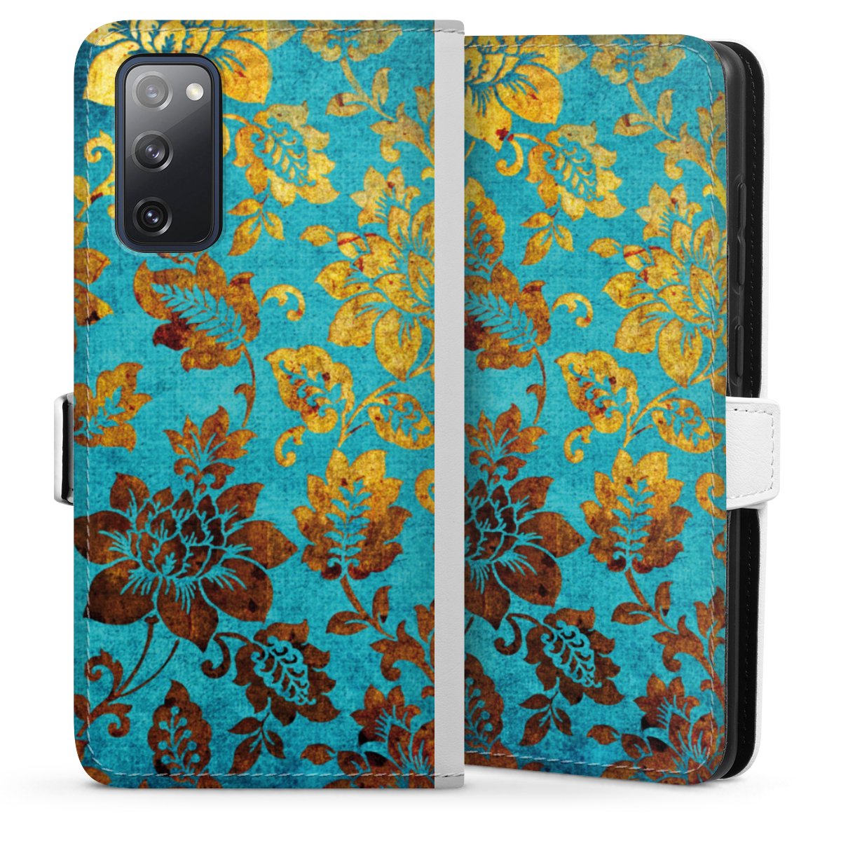 Galaxy S20 FE Handy Klapphülle Handyhülle aus Kunst Leder weiß Flip Case Ornament Vintage Flowers Sideflip mit Lasche