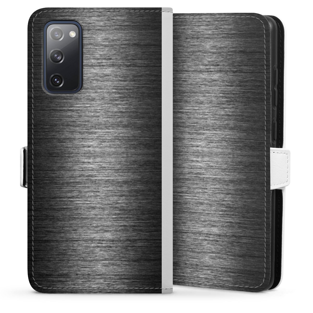 Galaxy S20 FE Handy Klapphülle Handyhülle aus Kunst Leder weiß Flip Case Metallic Look Anthracite Metal Sideflip mit Lasche