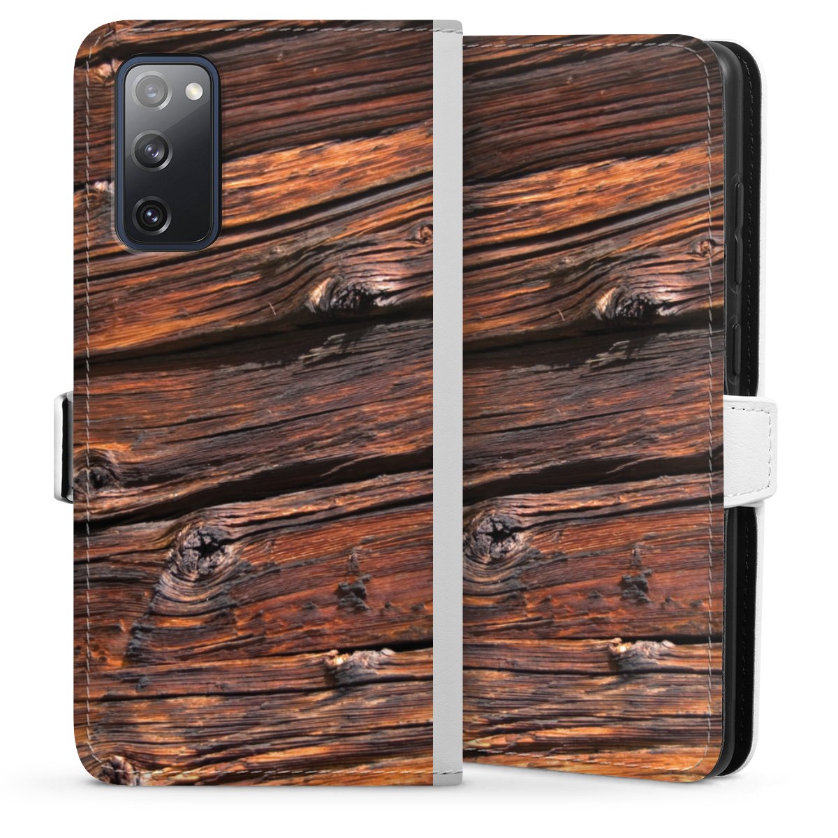 Galaxy S20 FE Handy Klapphülle Handyhülle aus Kunst Leder weiß Flip Case Beams Wooden Look Wood Sideflip mit Lasche