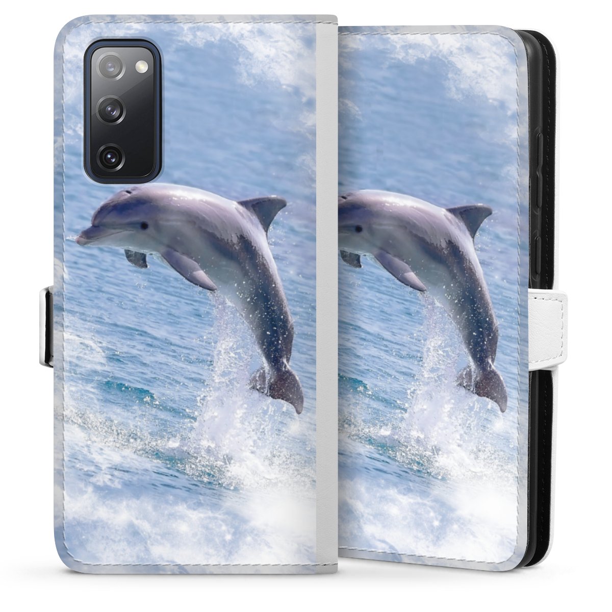 Galaxy S20 FE Handy Klapphülle Handyhülle aus Kunst Leder weiß Flip Case Dolphin Ocean Wale Sideflip mit Lasche