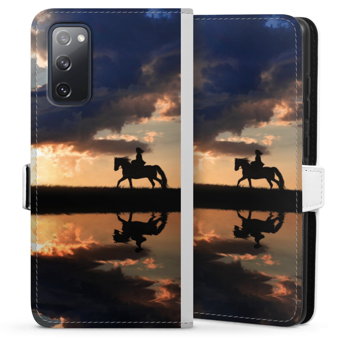 Galaxy S20 FE Handy Klapphülle Handyhülle aus Kunst Leder weiß Flip Case Horse Sunset Horseback Riding Sideflip mit Lasche