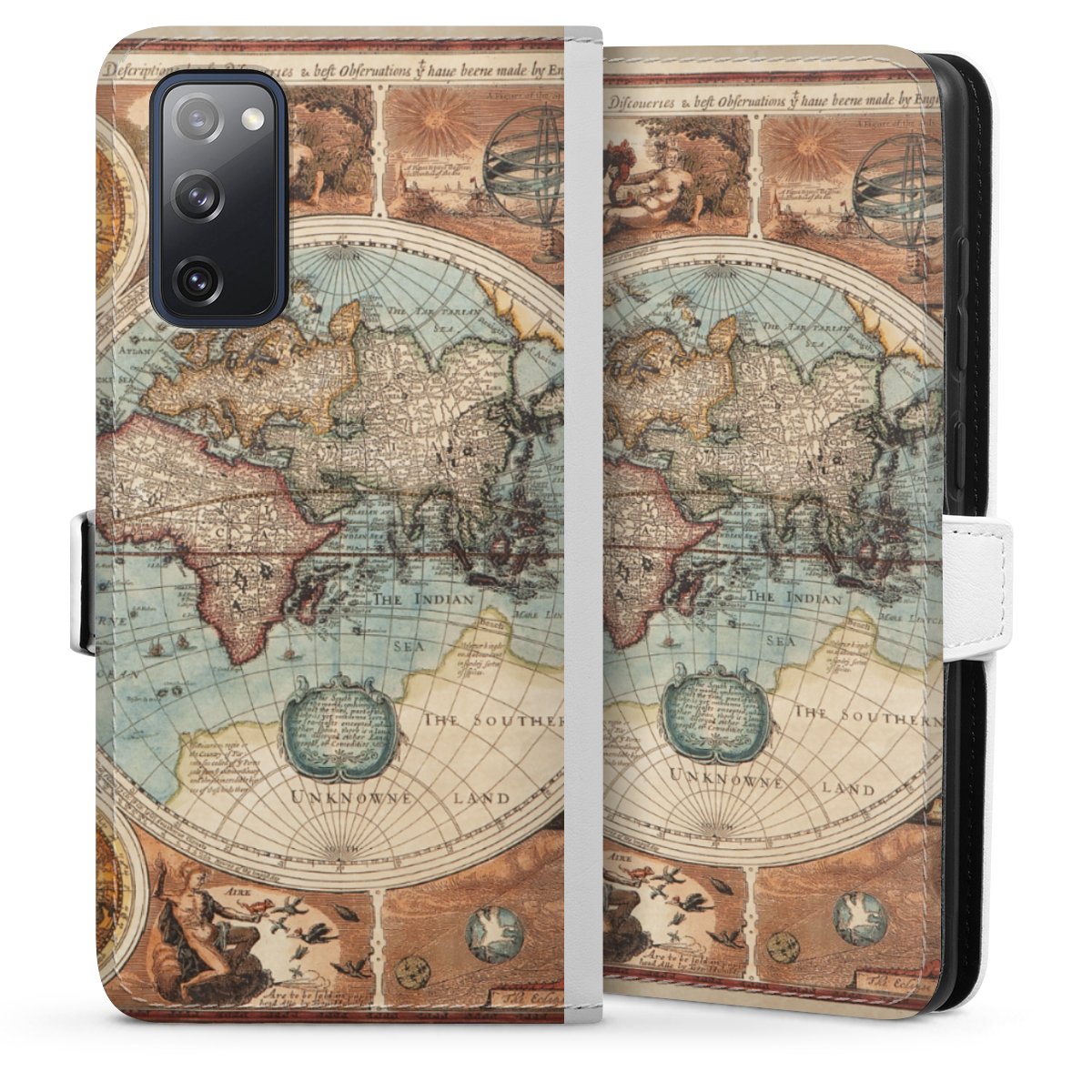 Galaxy S20 FE Handy Klapphülle Handyhülle aus Kunst Leder weiß Flip Case World Map Vintage Map Sideflip mit Lasche