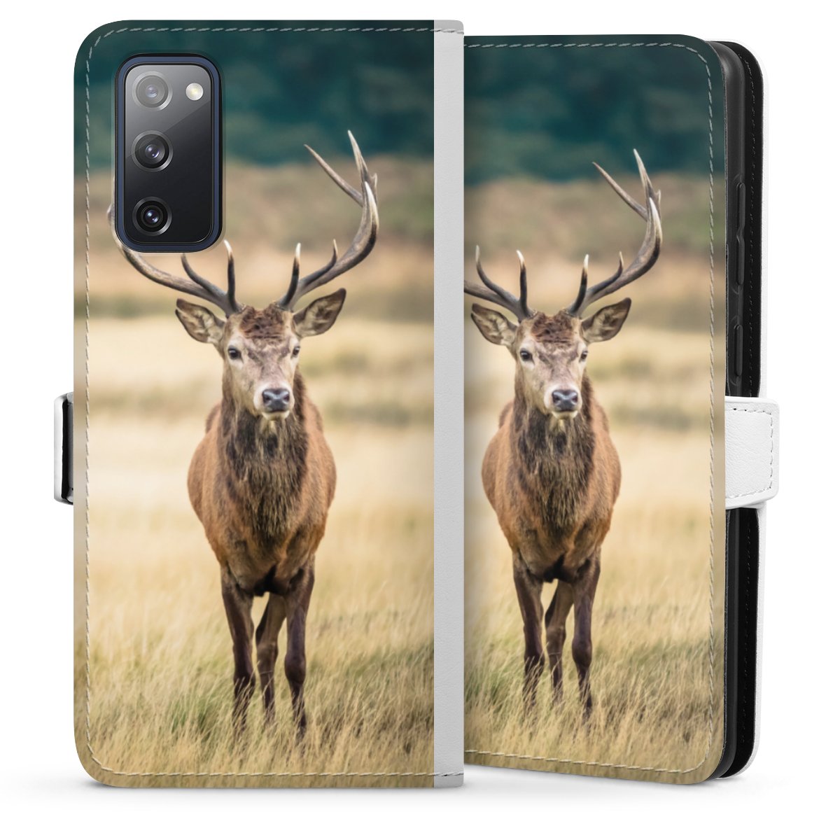 Galaxy S20 FE Handy Klapphülle Handyhülle aus Kunst Leder weiß Flip Case Deer Meadow Forrest Sideflip mit Lasche