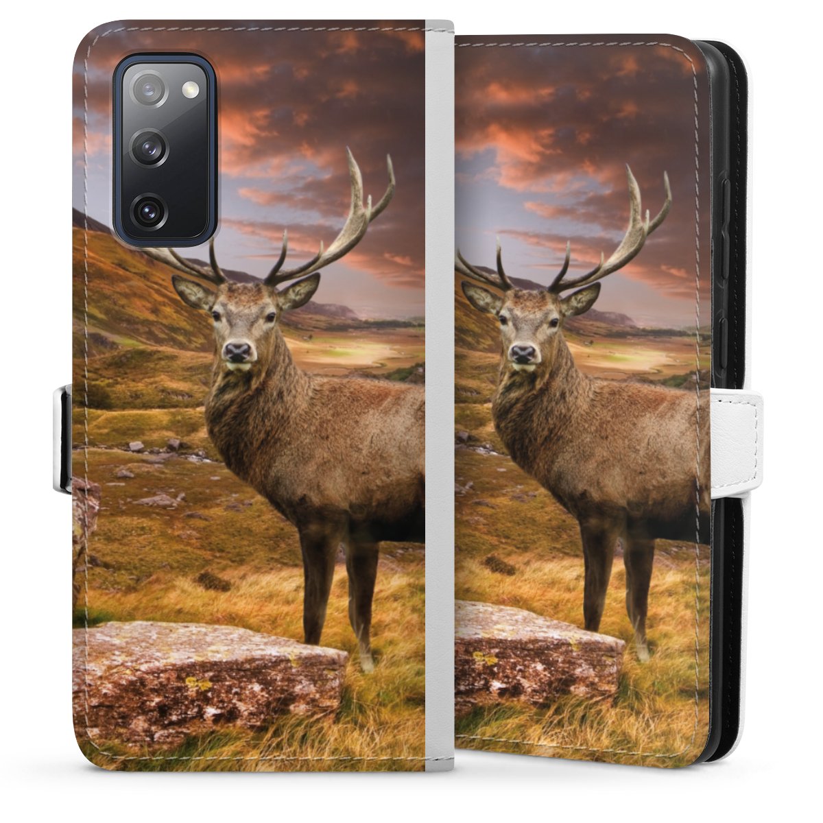 Galaxy S20 FE Handy Klapphülle Handyhülle aus Kunst Leder weiß Flip Case Meadow Mountain Deer Sideflip mit Lasche