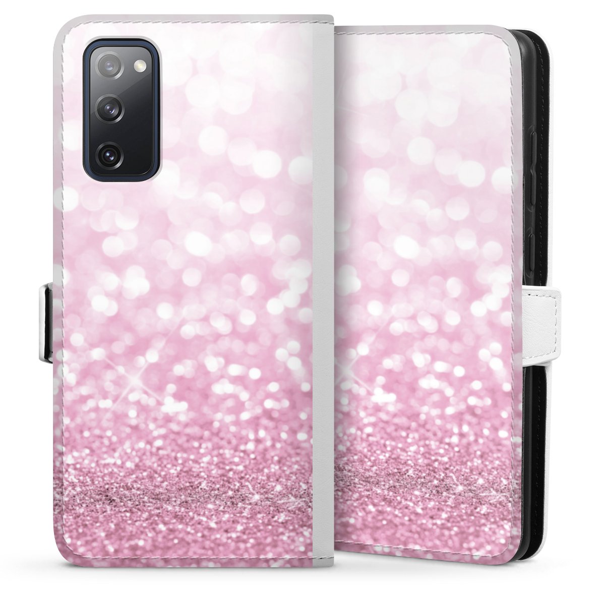 Galaxy S20 FE Handy Klapphülle Handyhülle aus Kunst Leder weiß Flip Case Glitzer Pink Shine Sideflip mit Lasche