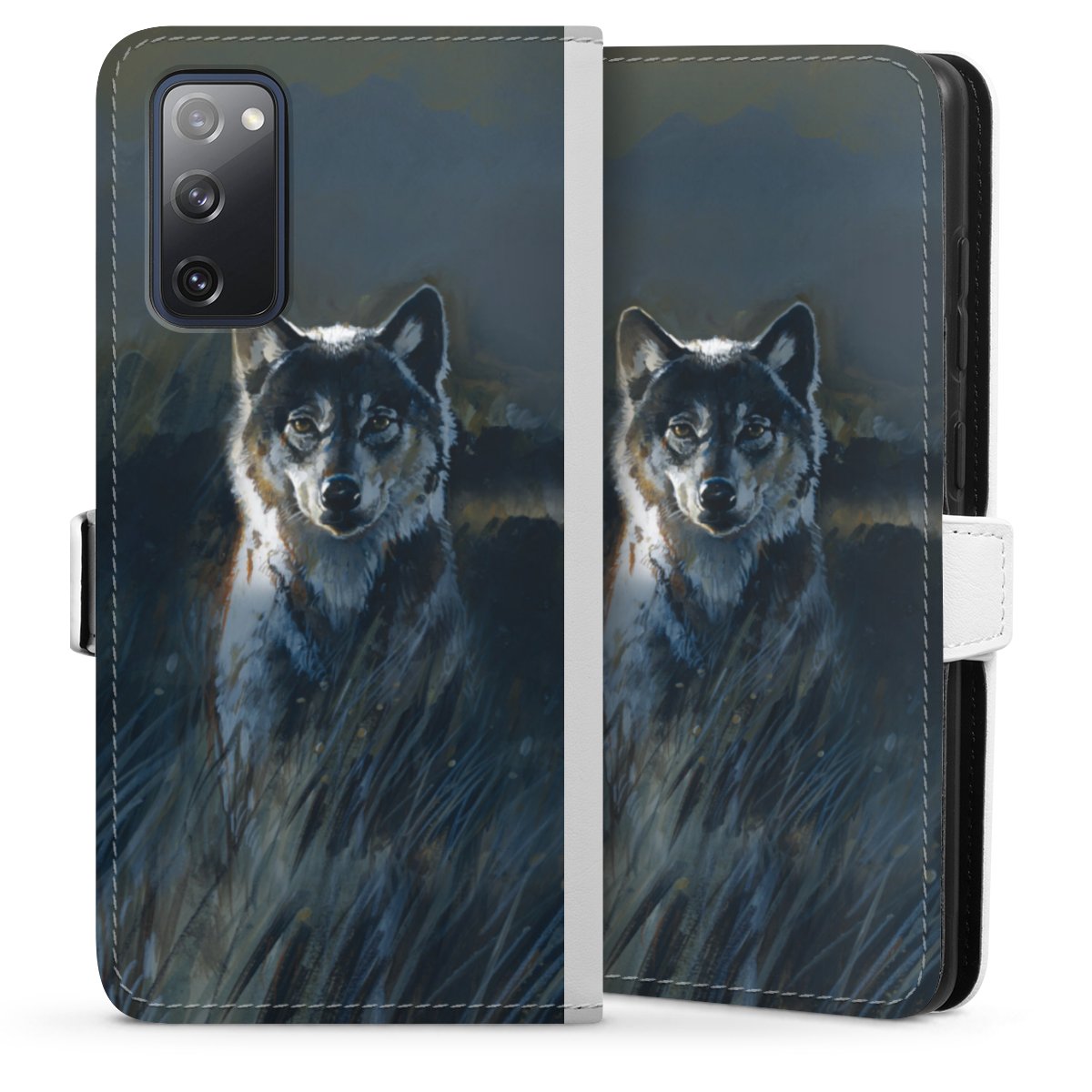 Galaxy S20 FE Handy Klapphülle Handyhülle aus Kunst Leder weiß Flip Case Nature Wolf Painting Sideflip mit Lasche