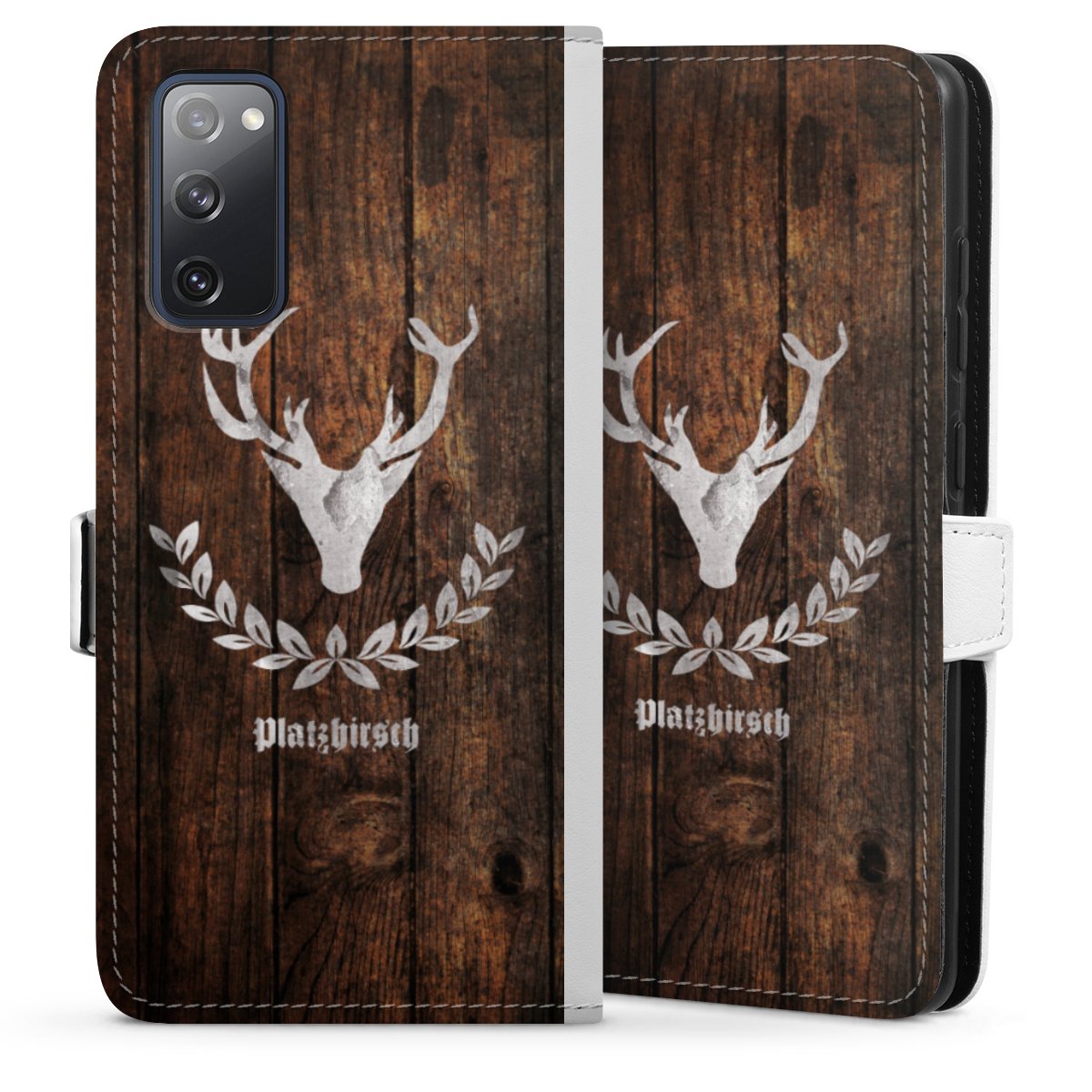 Galaxy S20 FE Handy Klapphülle Handyhülle aus Kunst Leder weiß Flip Case Deer Wood Wooden Look Sideflip mit Lasche