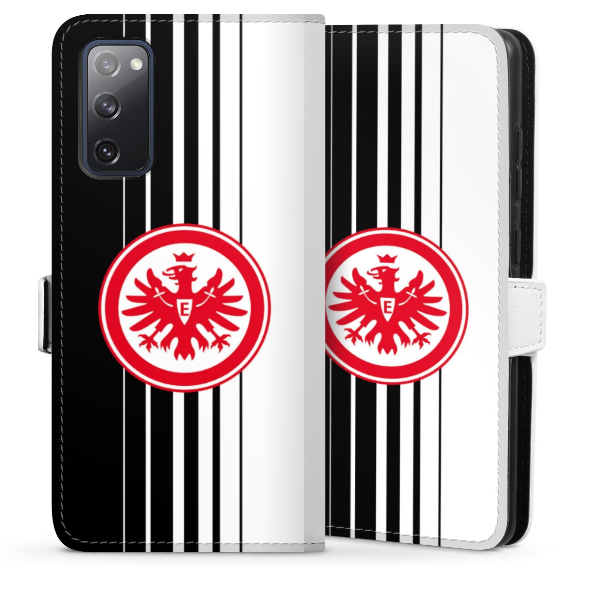 Galaxy S20 FE Handy Klapphülle Handyhülle aus Kunst Leder weiß Flip Case Stripes Eintracht Frankfurt Official Licensed Product Sideflip mit Lasche