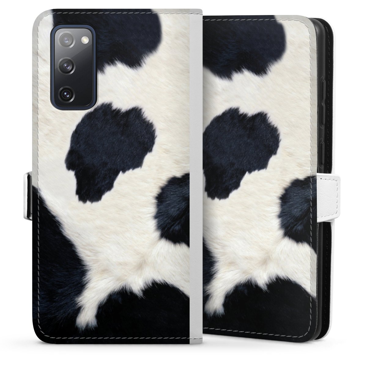 Galaxy S20 FE Handy Klapphülle Handyhülle aus Kunst Leder weiß Flip Case Animal Look Animal Print Cow Skin Sideflip mit Lasche