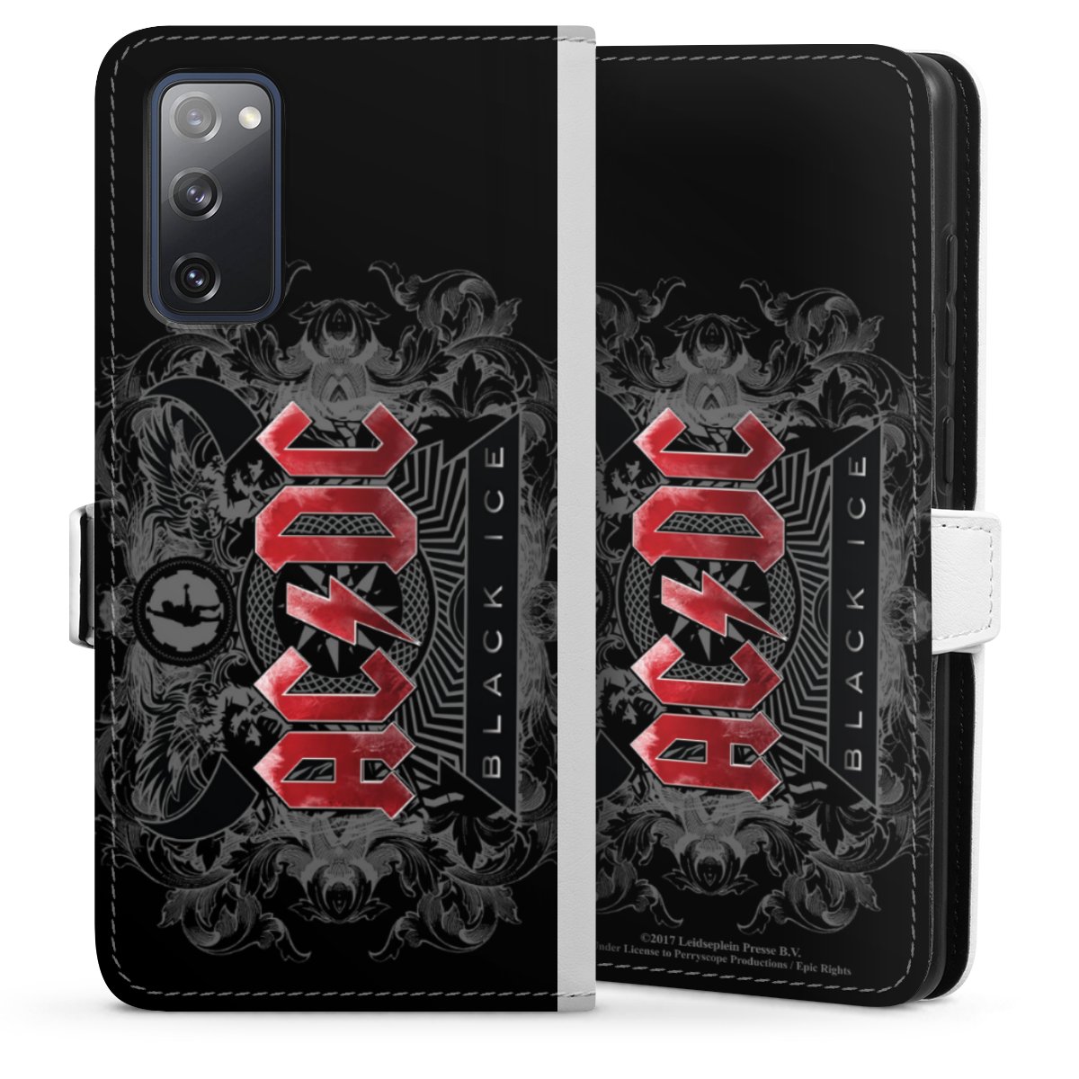 Galaxy S20 FE Handy Klapphülle Handyhülle aus Kunst Leder weiß Flip Case Merchandise Black Ice Acdc Sideflip mit Lasche