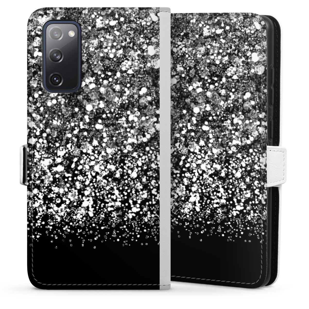 Galaxy S20 FE Handy Klapphülle Handyhülle aus Kunst Leder weiß Flip Case Glitzer Snowflake Muster Sideflip mit Lasche