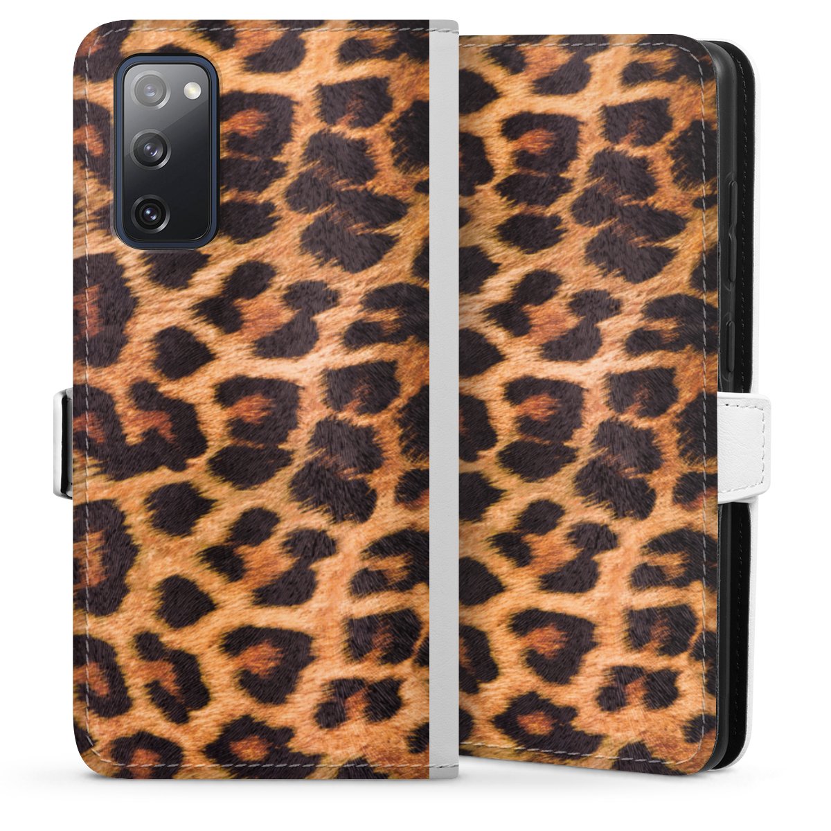 Galaxy S20 FE Handy Klapphülle Handyhülle aus Kunst Leder weiß Flip Case Animal Print Leopard Fur Sideflip mit Lasche