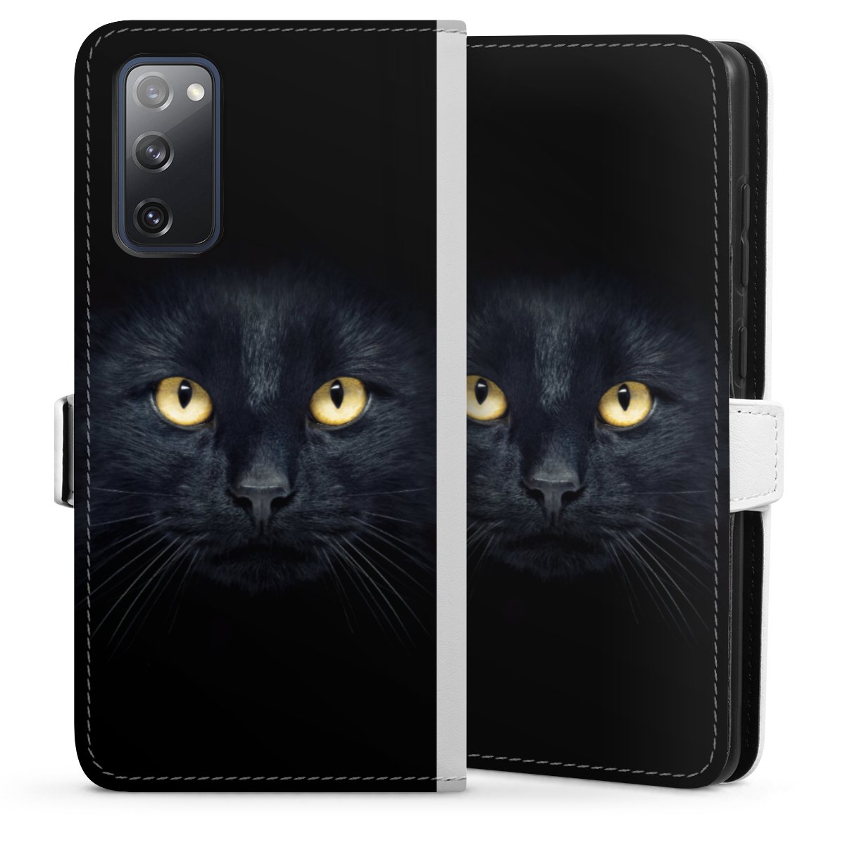 Galaxy S20 FE Handy Klapphülle Handyhülle aus Kunst Leder weiß Flip Case Eye Cat Black Sideflip mit Lasche