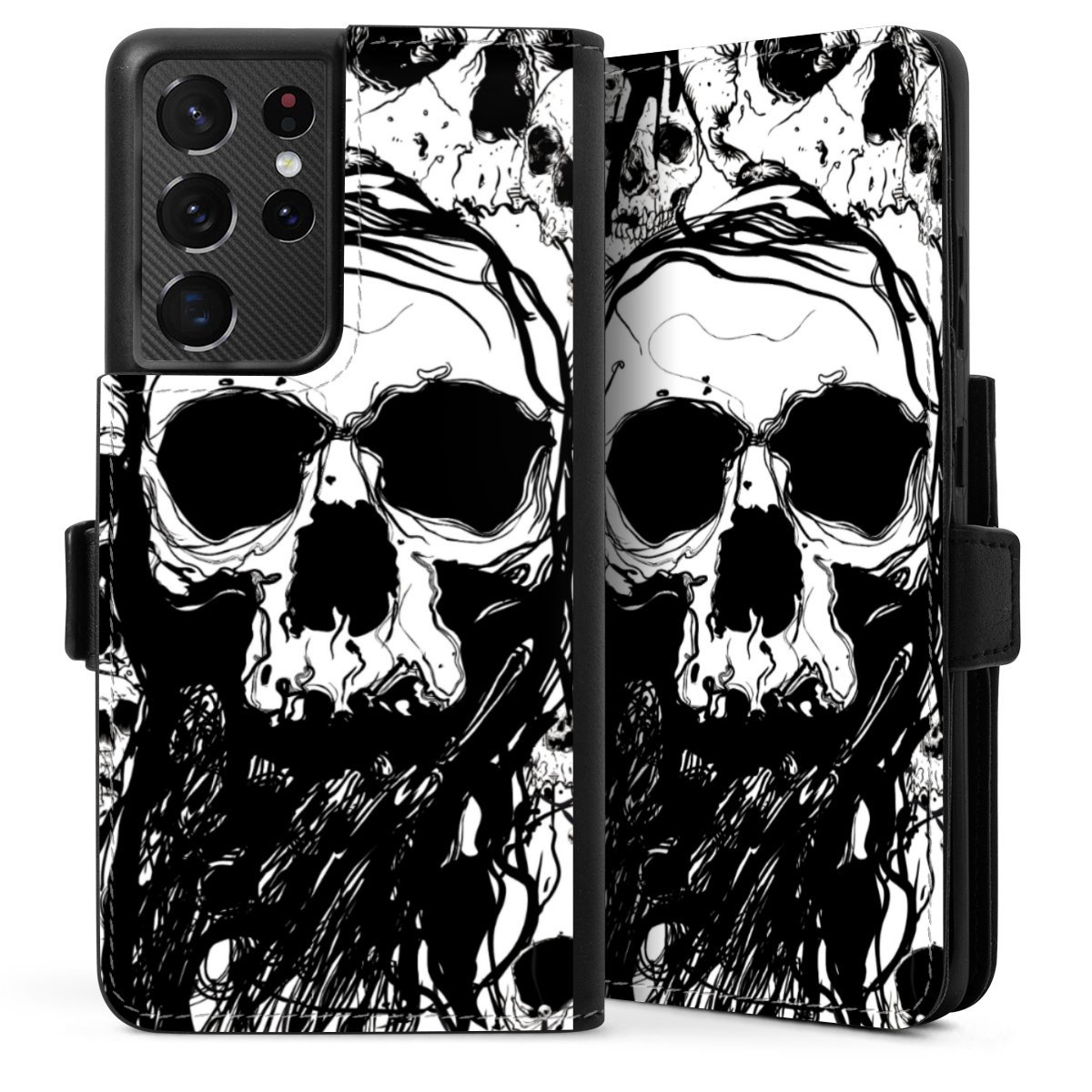 Galaxy S21 Ultra 5G Handy Klapphülle Handyhülle aus Kunst Leder schwarz Flip Case Totenkopf Halloween Sideflip mit Lasche