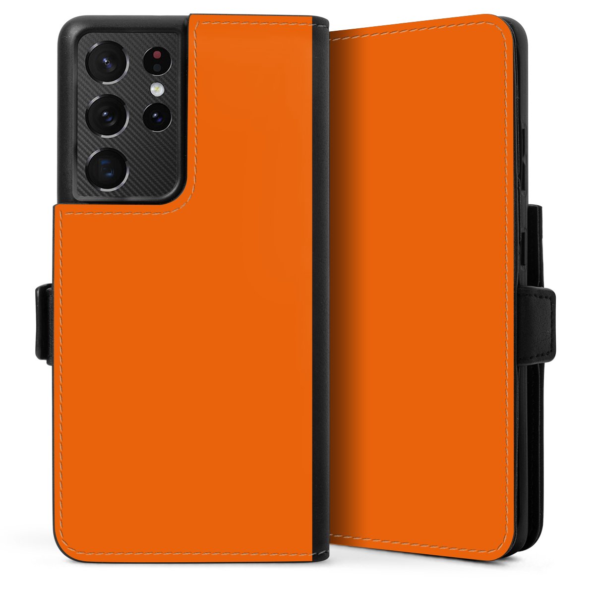 Galaxy S21 Ultra 5G Handy Klapphülle Handyhülle aus Kunst Leder schwarz Flip Case Orange Colour Unicoloured Sideflip mit Lasche