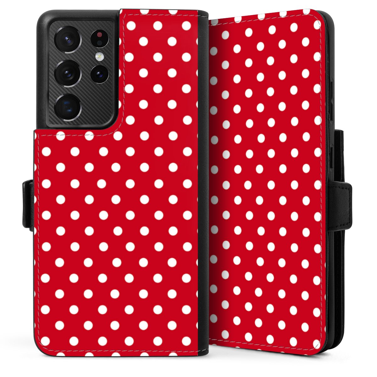 Galaxy S21 Ultra 5G Handy Klapphülle Handyhülle aus Kunst Leder schwarz Flip Case Points Polka Dots Retro Sideflip mit Lasche