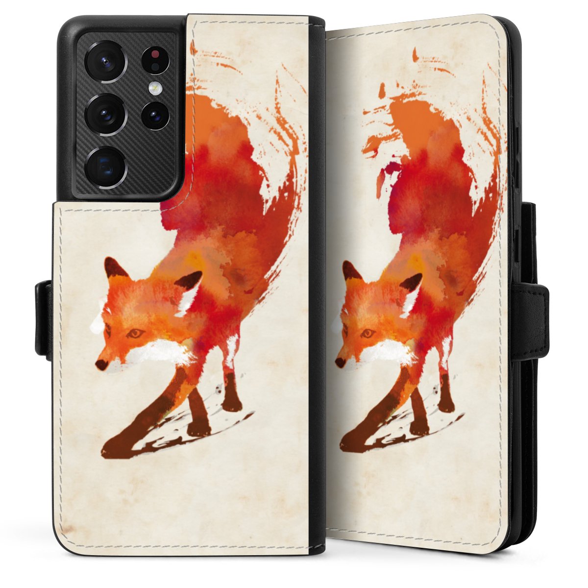 Galaxy S21 Ultra 5G Handy Klapphülle Handyhülle aus Kunst Leder schwarz Flip Case Fox Graphic Sideflip mit Lasche