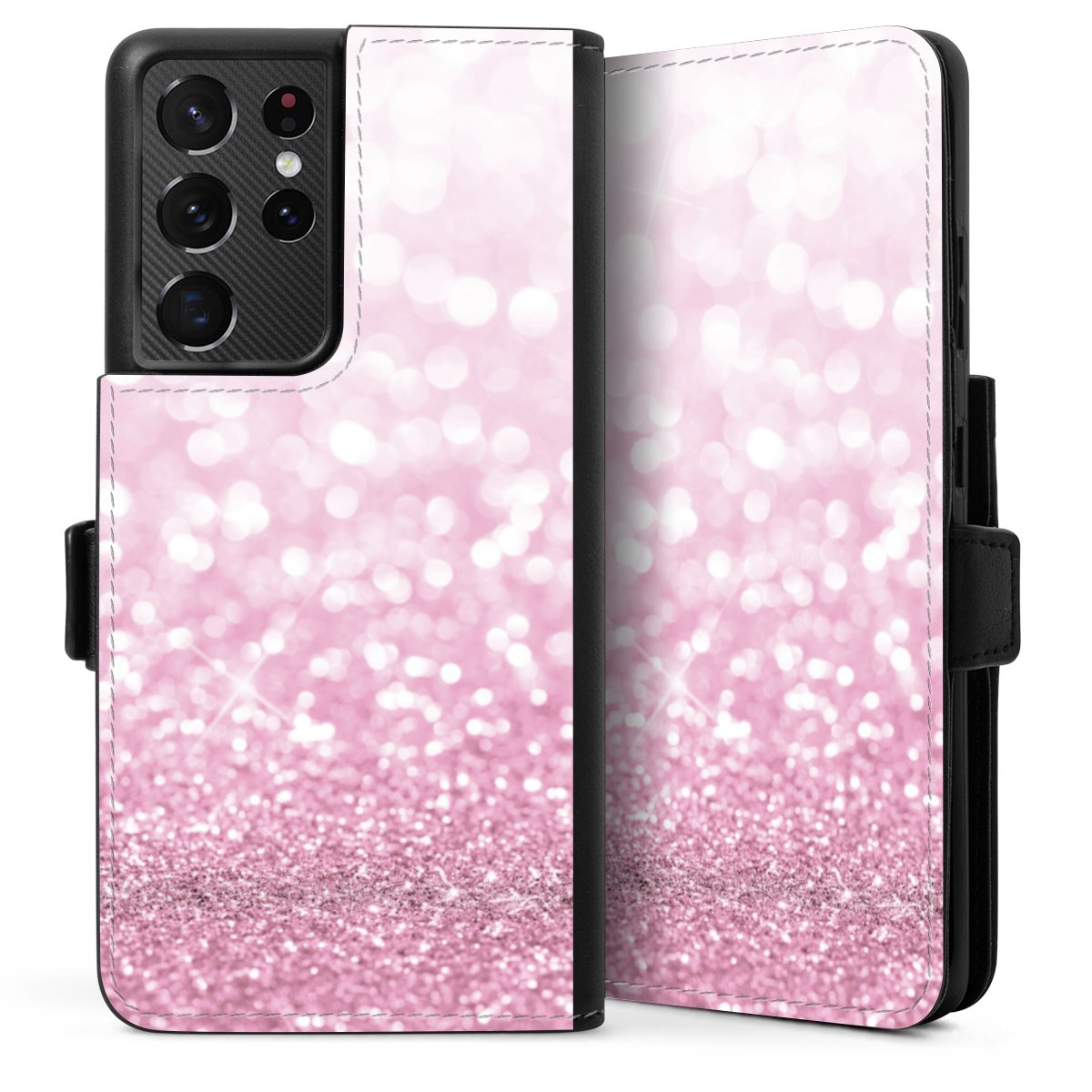 Galaxy S21 Ultra 5G Handy Klapphülle Handyhülle aus Kunst Leder schwarz Flip Case Glitzer Pink Shine Sideflip mit Lasche