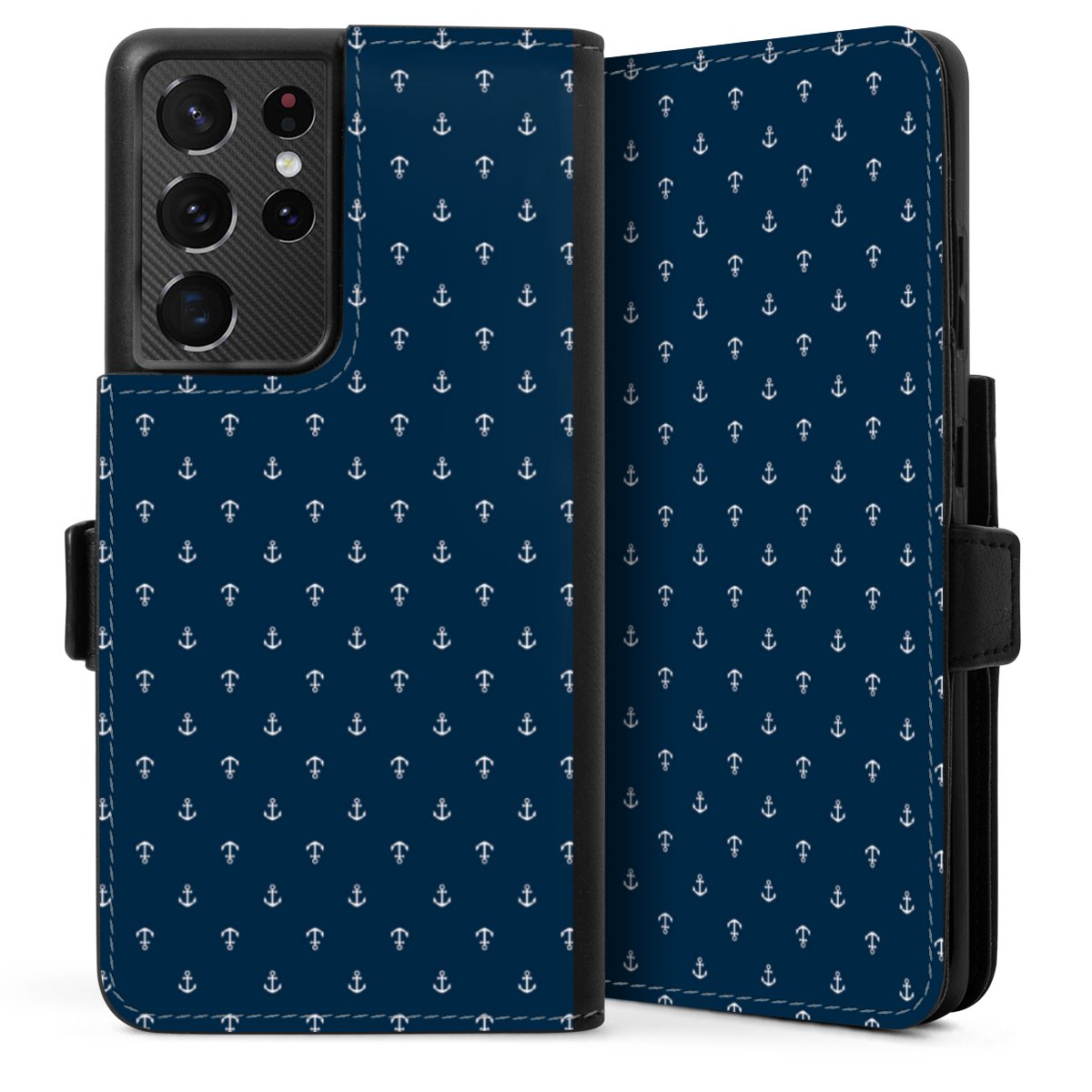 Galaxy S21 Ultra 5G Handy Klapphülle Handyhülle aus Kunst Leder schwarz Flip Case Muster Anchor Sail Sideflip mit Lasche