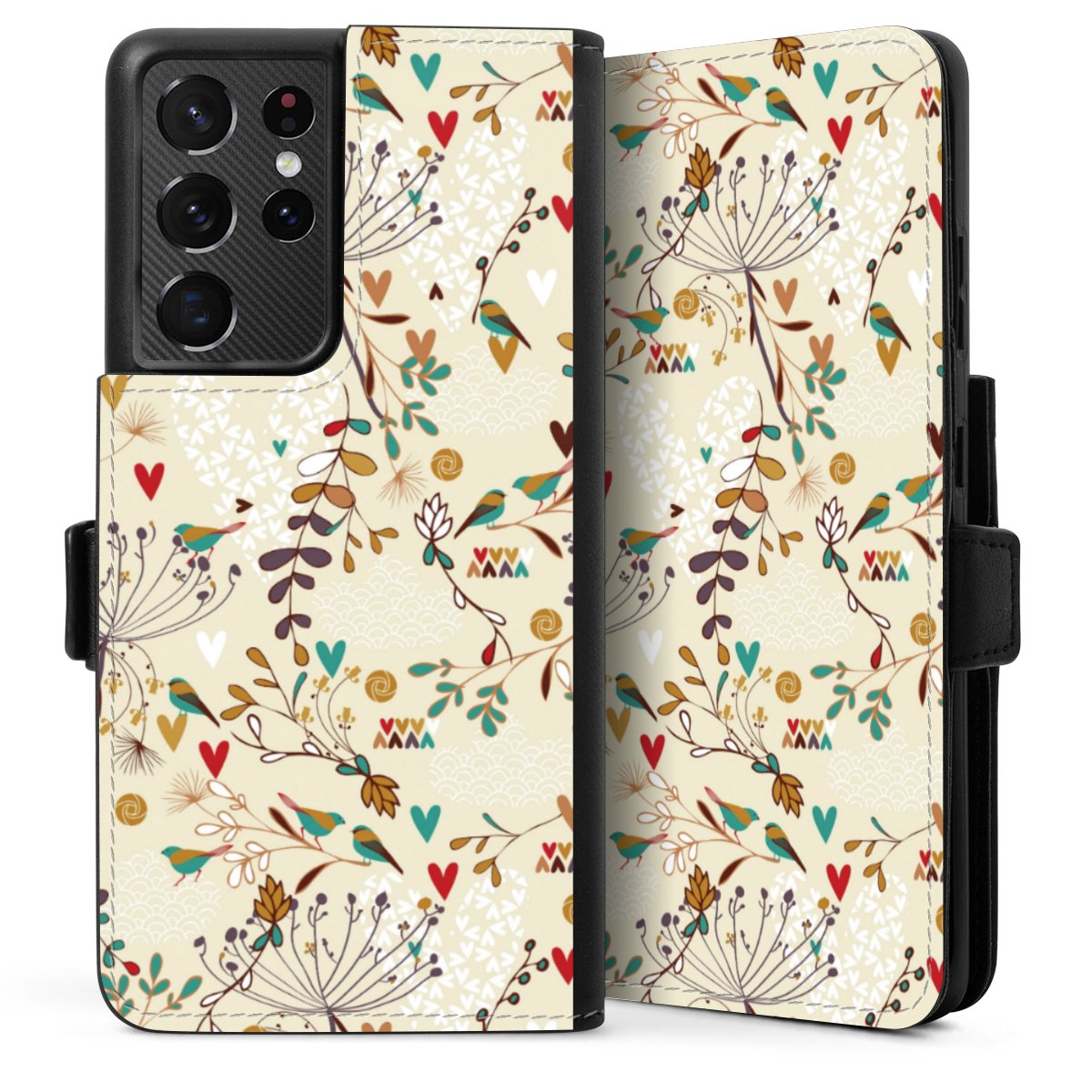 Galaxy S21 Ultra 5G Handy Klapphülle Handyhülle aus Kunst Leder schwarz Flip Case Bird Flowers Retro Sideflip mit Lasche