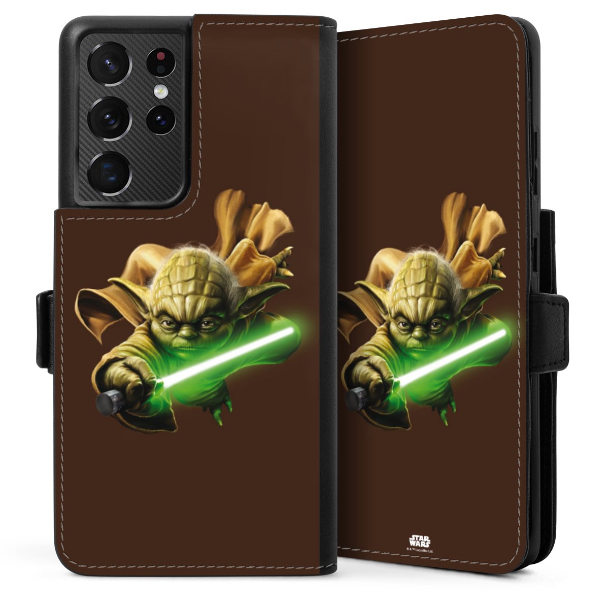 Galaxy S21 Ultra 5G Handy Klapphülle Handyhülle aus Kunst Leder schwarz Flip Case Yoda Merchandise Star Wars Sideflip mit Lasche