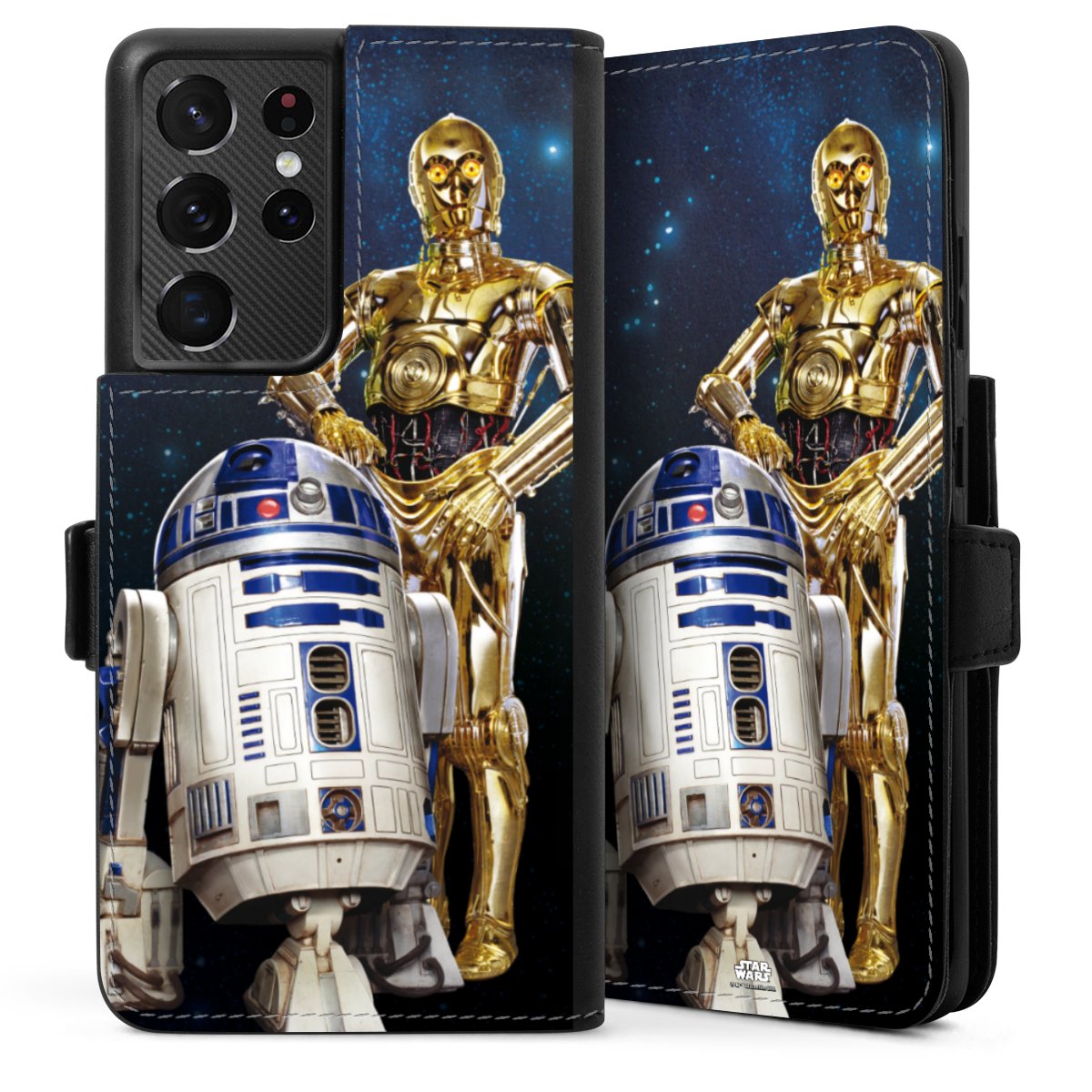 Galaxy S21 Ultra 5G Handy Klapphülle Handyhülle aus Kunst Leder schwarz Flip Case Weltall Star Wars R2d2 Sideflip mit Lasche