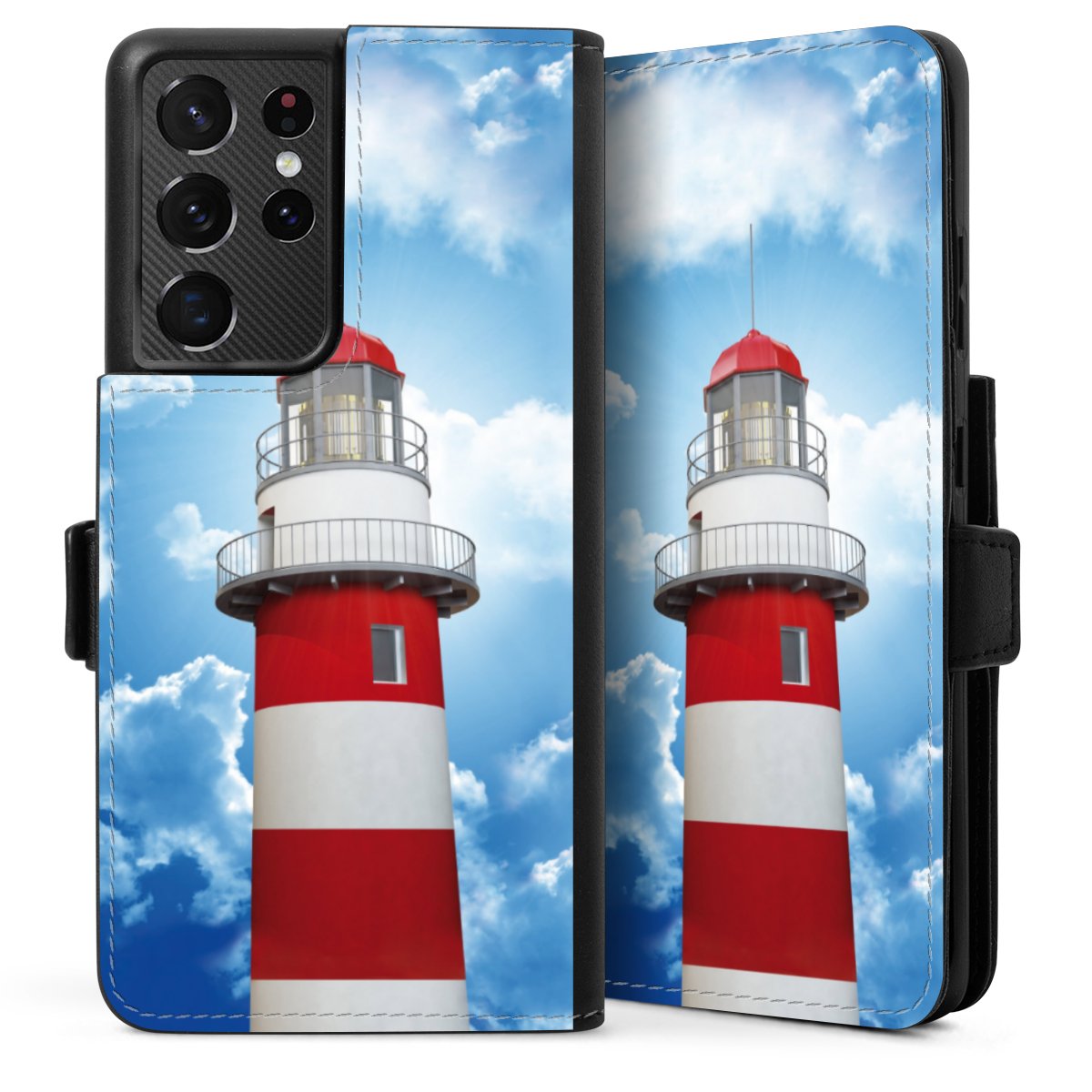 Galaxy S21 Ultra 5G Handy Klapphülle Handyhülle aus Kunst Leder schwarz Flip Case Lighthouse Sky Cloud Sideflip mit Lasche