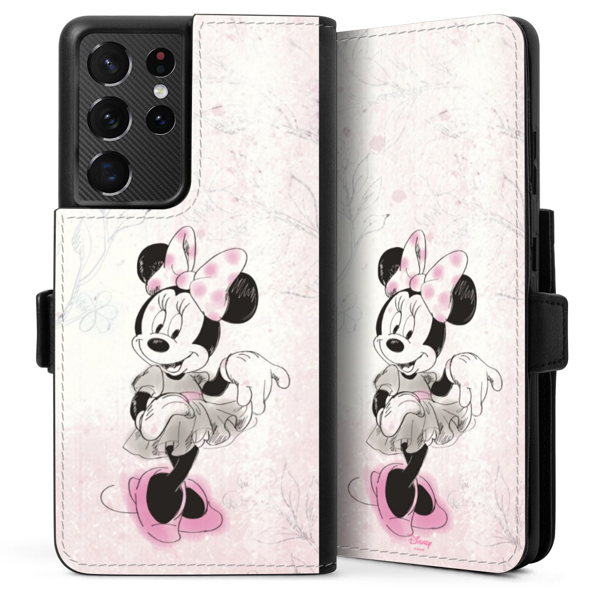 Galaxy S21 Ultra 5G Handy Klapphülle Handyhülle aus Kunst Leder schwarz Flip Case Disney Minnie Mouse Vintage Sideflip mit Lasche