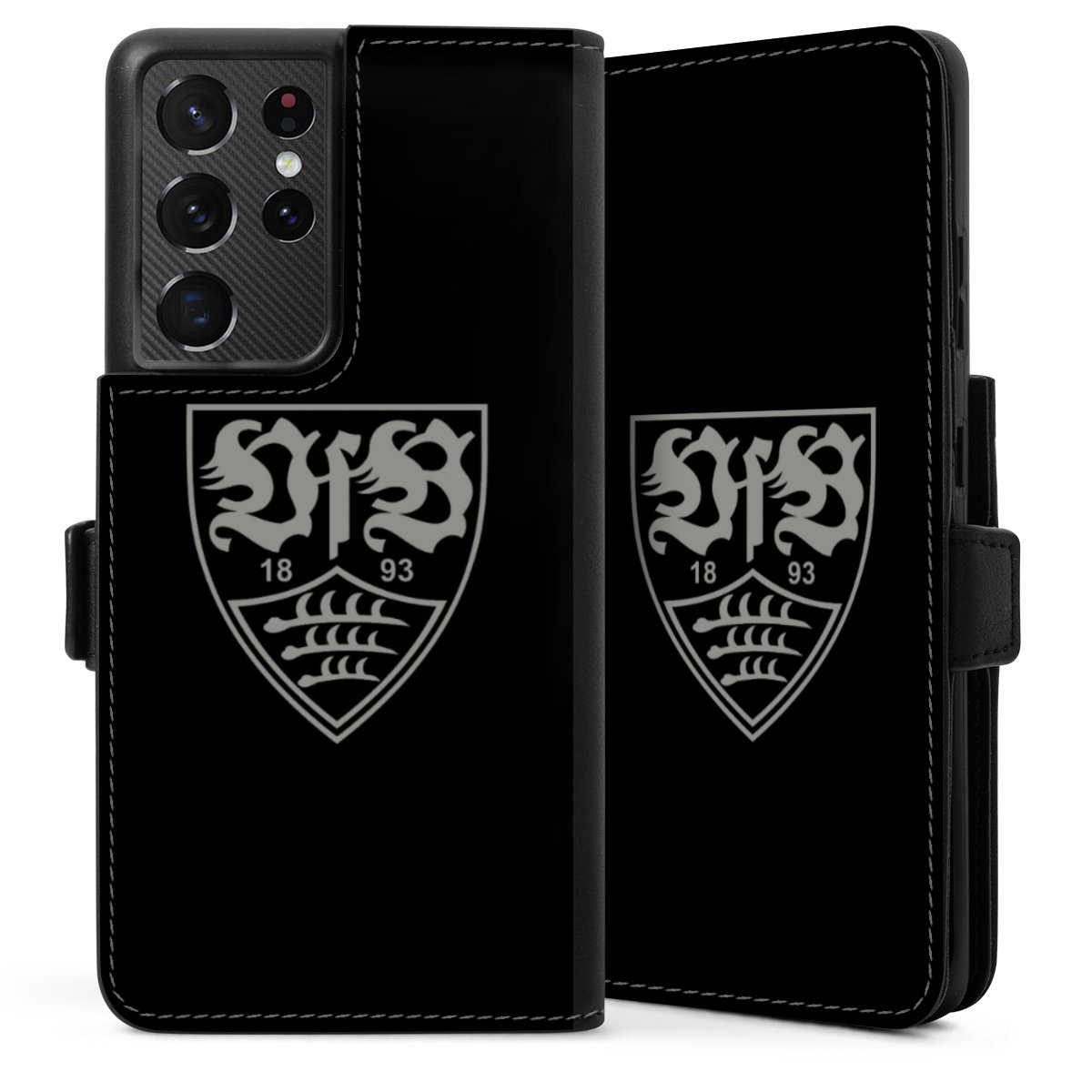 Galaxy S21 Ultra 5G Handy Klapphülle Handyhülle aus Kunst Leder schwarz Flip Case Official Licensed Product Vfb Stuttgart Sideflip mit Lasche