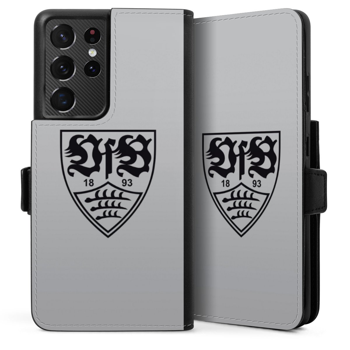 Galaxy S21 Ultra 5G Handy Klapphülle Handyhülle aus Kunst Leder schwarz Flip Case Logo Vfb Stuttgart Official Licensed Product Sideflip mit Lasche