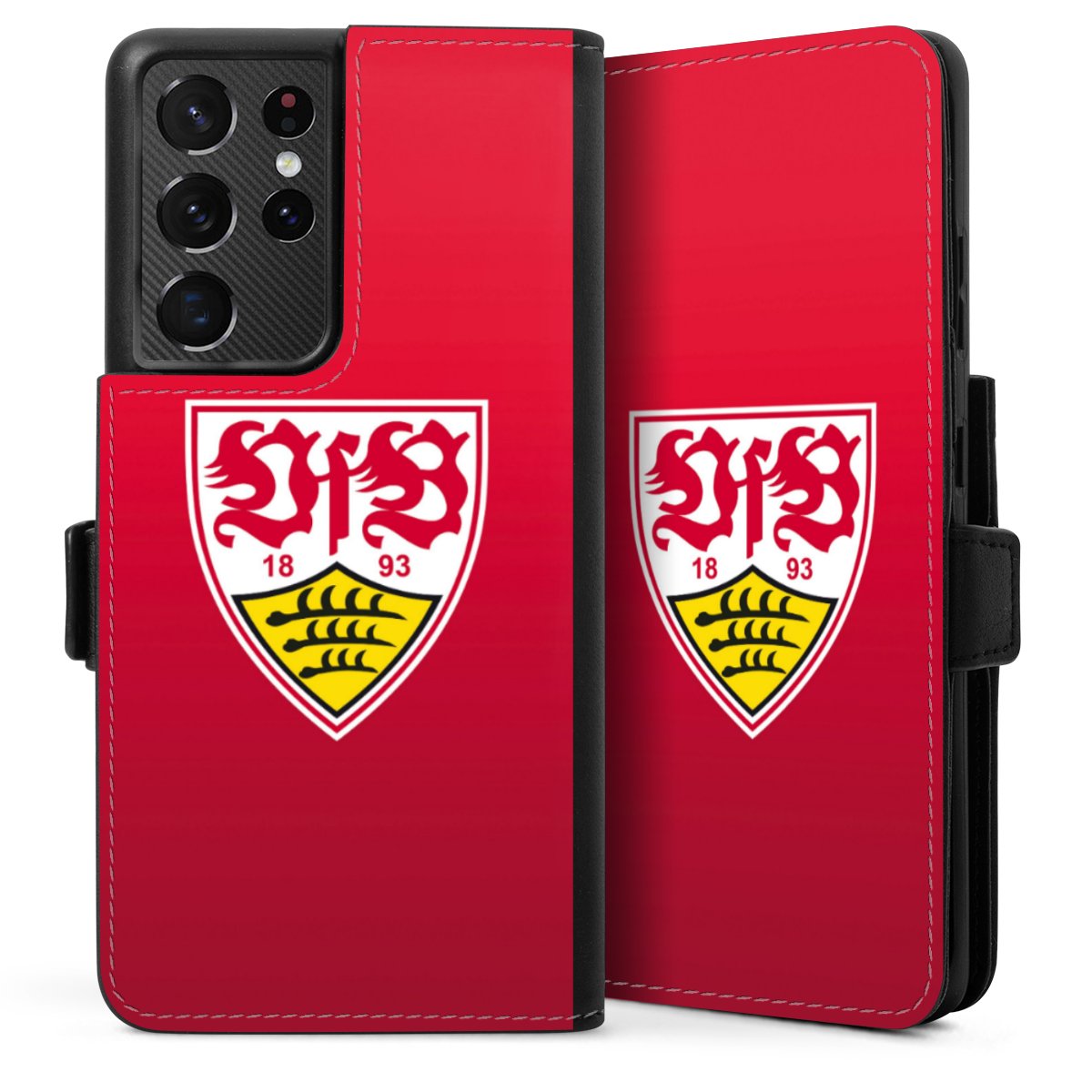 Galaxy S21 Ultra 5G Handy Klapphülle Handyhülle aus Kunst Leder schwarz Flip Case Official Licensed Product Vfb Stuttgart Sideflip mit Lasche