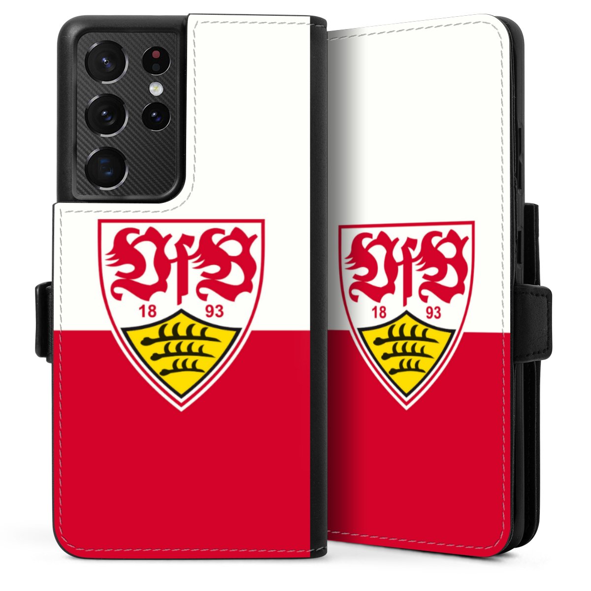 Galaxy S21 Ultra 5G Handy Klapphülle Handyhülle aus Kunst Leder schwarz Flip Case Official Licensed Product Logo Vfb Stuttgart Sideflip mit Lasche