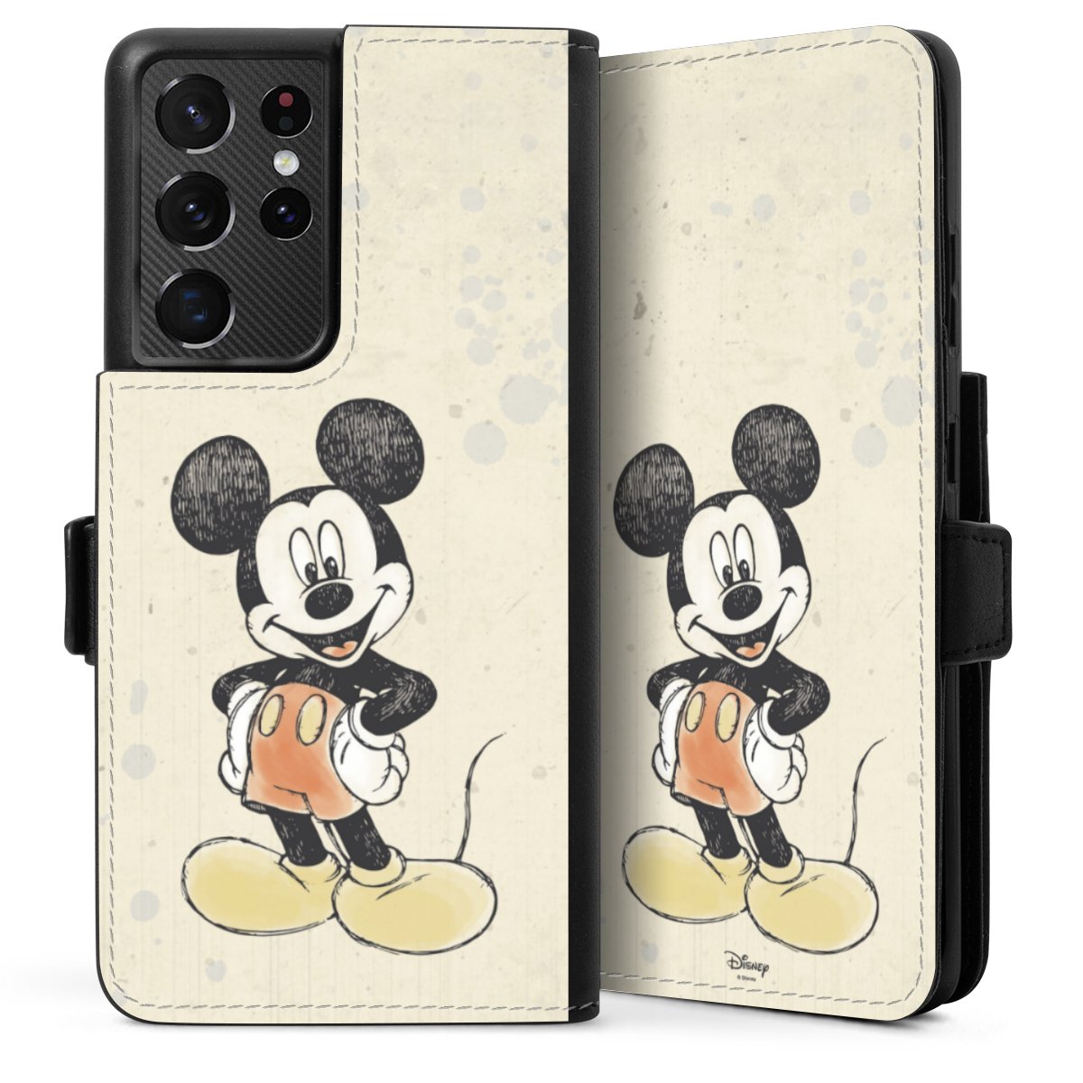 Galaxy S21 Ultra 5G Handy Klapphülle Handyhülle aus Kunst Leder schwarz Flip Case Water Colour Mickey & Minnie Mouse Official Licensed Product Sideflip mit Lasche