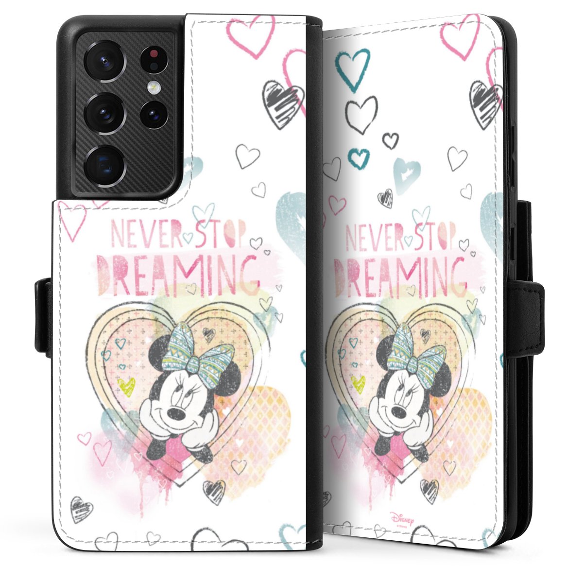 Galaxy S21 Ultra 5G Handy Klapphülle Handyhülle aus Kunst Leder schwarz Flip Case Disney Official Licensed Product Minnie Mouse Sideflip mit Lasche