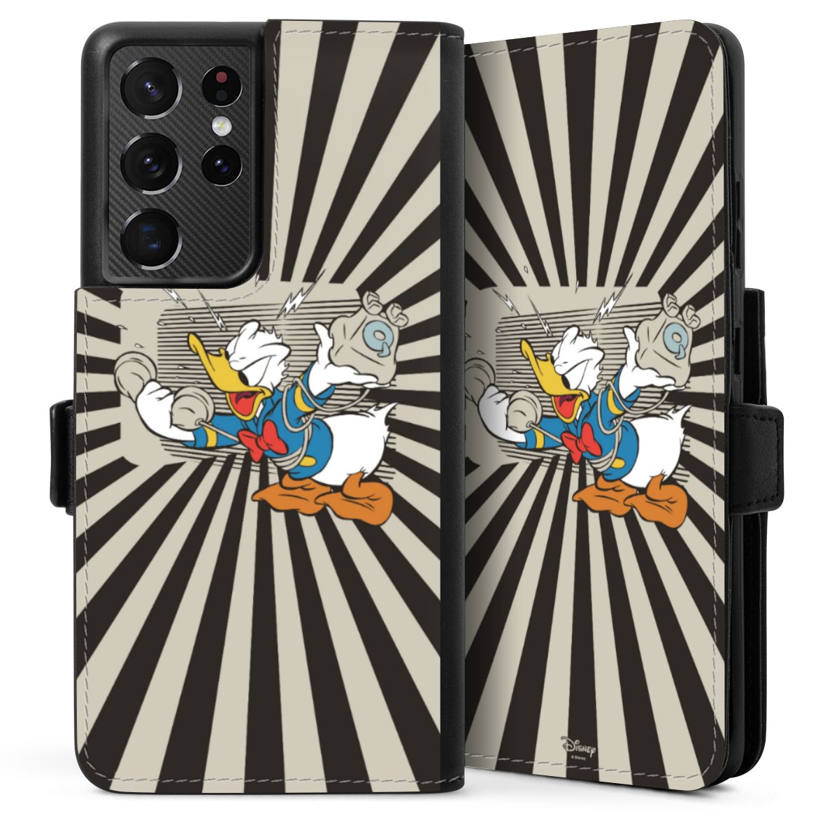 Galaxy S21 Ultra 5G Handy Klapphülle Handyhülle aus Kunst Leder schwarz Flip Case Donald Duck Disney Official Licensed Product Sideflip mit Lasche