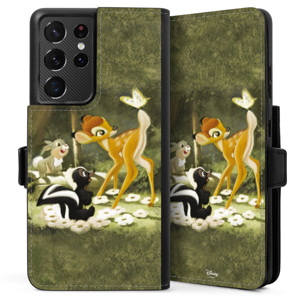 Galaxy S21 Ultra 5G Handy Klapphülle Handyhülle aus Kunst Leder schwarz Flip Case Disney Official Licensed Product Bambi Sideflip mit Lasche