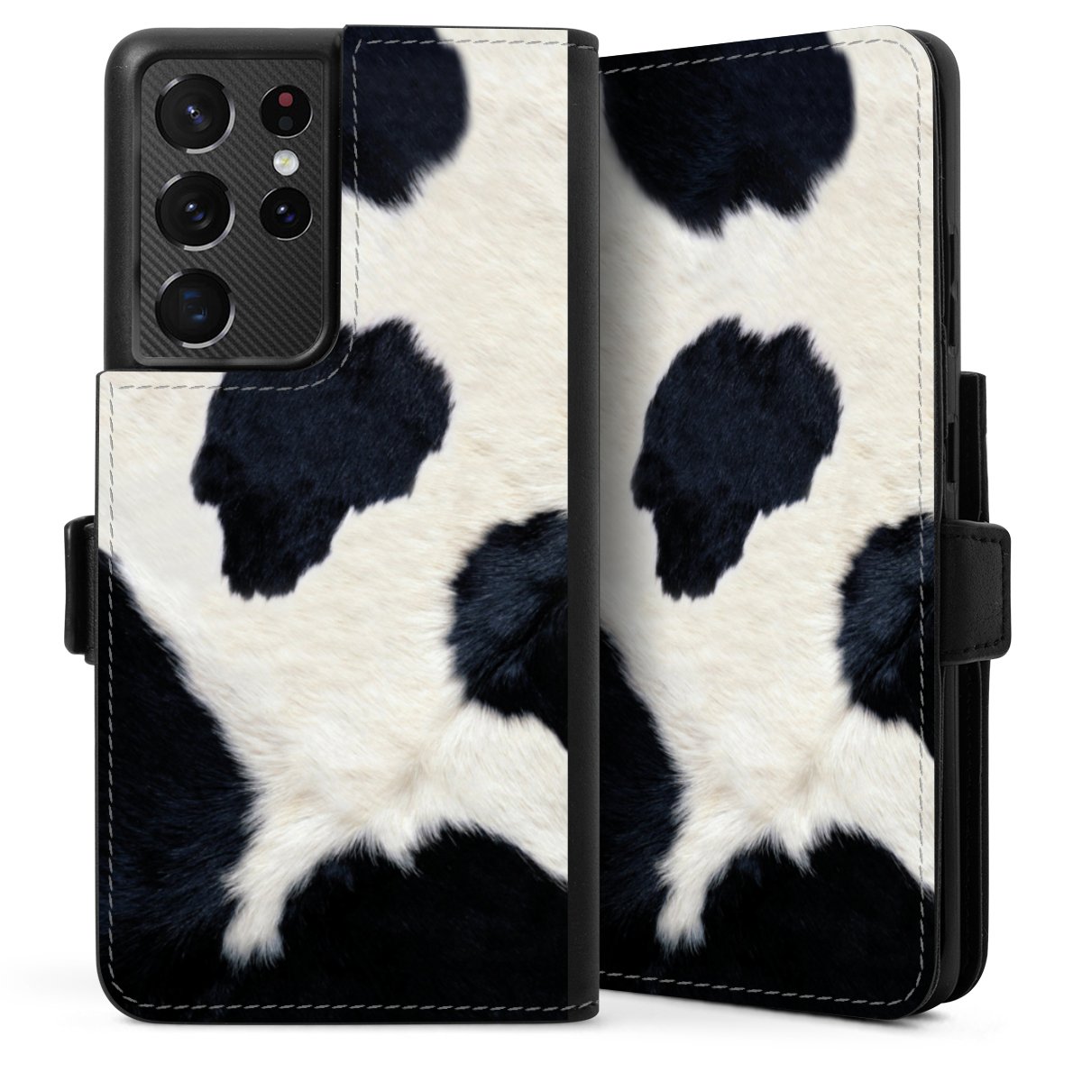 Galaxy S21 Ultra 5G Handy Klapphülle Handyhülle aus Kunst Leder schwarz Flip Case Animal Look Animal Print Cow Skin Sideflip mit Lasche