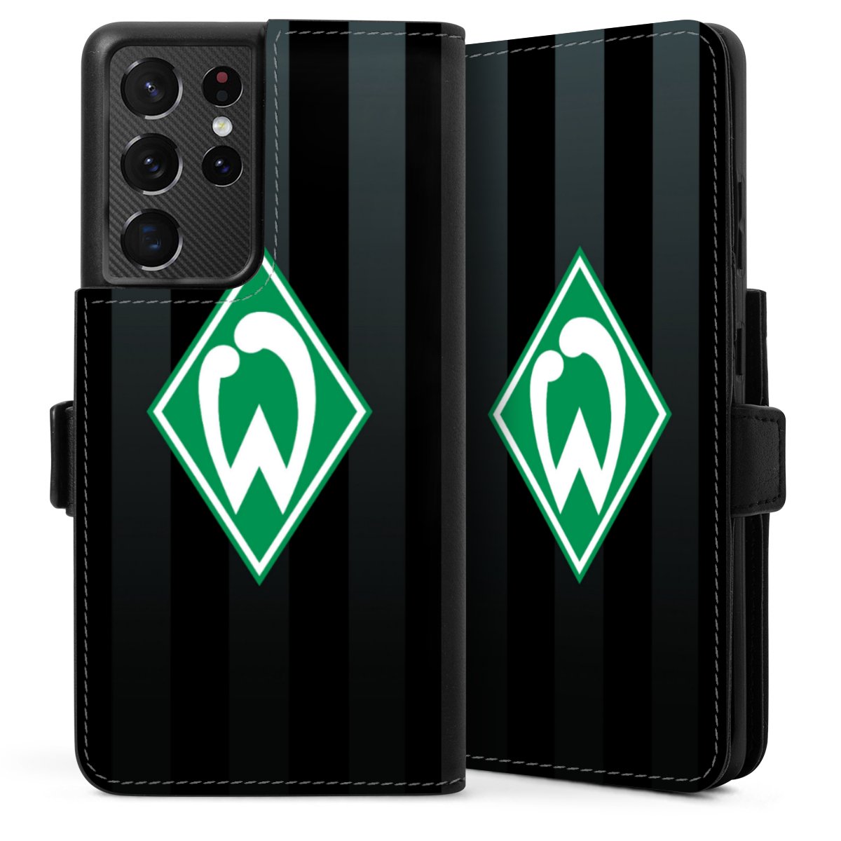 Galaxy S21 Ultra 5G Handy Klapphülle Handyhülle aus Kunst Leder schwarz Flip Case Stripes Sv Werder Bremen Official Licensed Product Sideflip mit Lasche