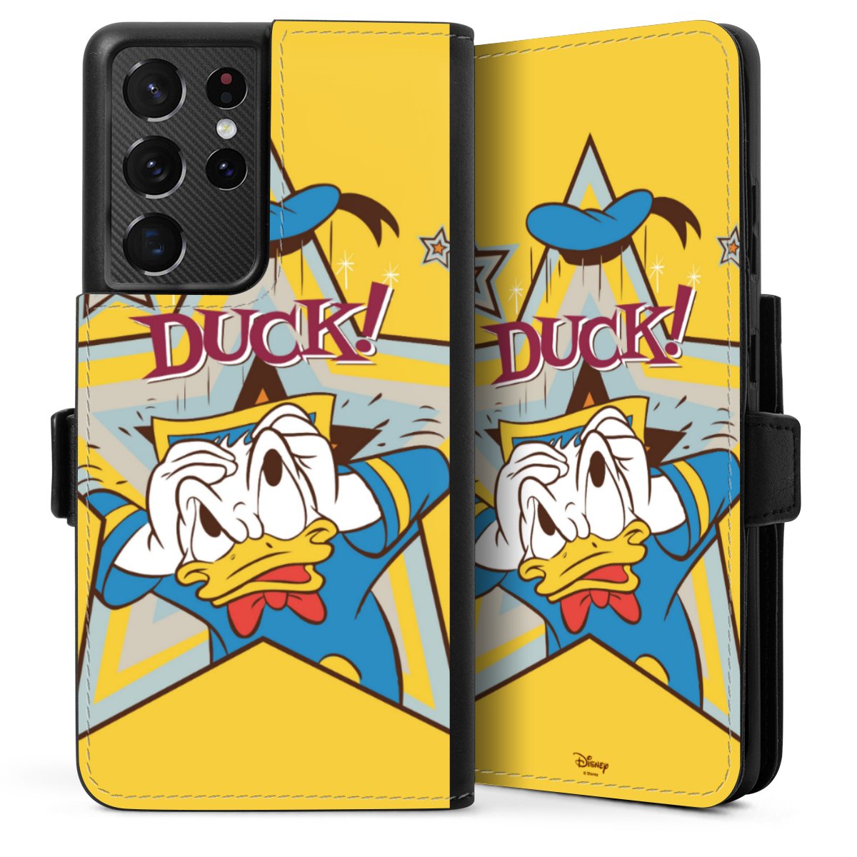 Galaxy S21 Ultra 5G Handy Klapphülle Handyhülle aus Kunst Leder schwarz Flip Case Official Licensed Product Donald Duck Disney Sideflip mit Lasche