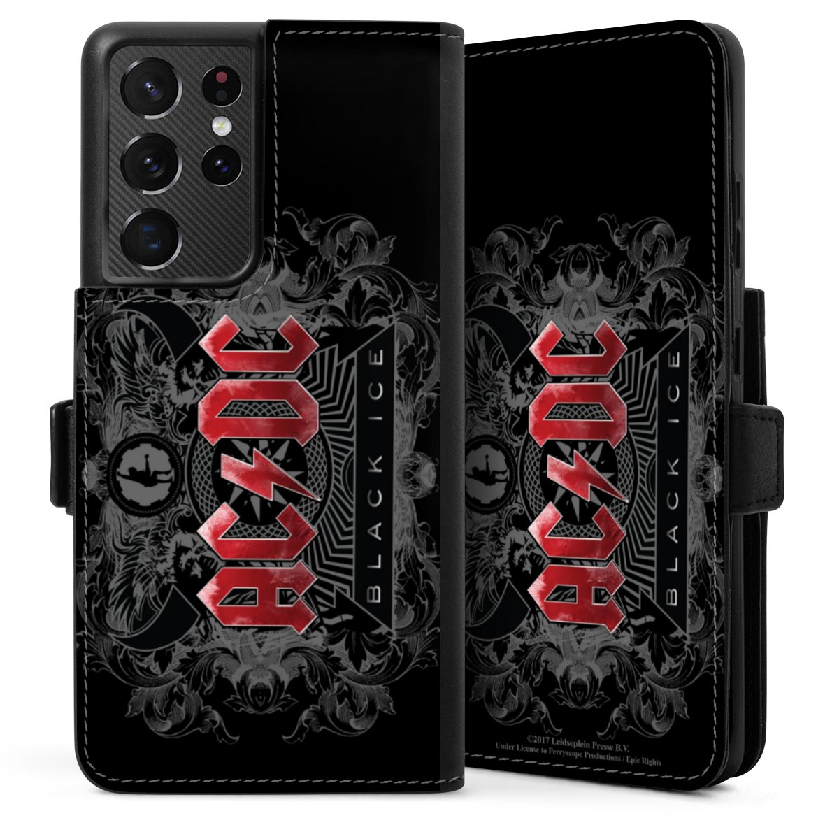 Galaxy S21 Ultra 5G Handy Klapphülle Handyhülle aus Kunst Leder schwarz Flip Case Merchandise Black Ice Acdc Sideflip mit Lasche