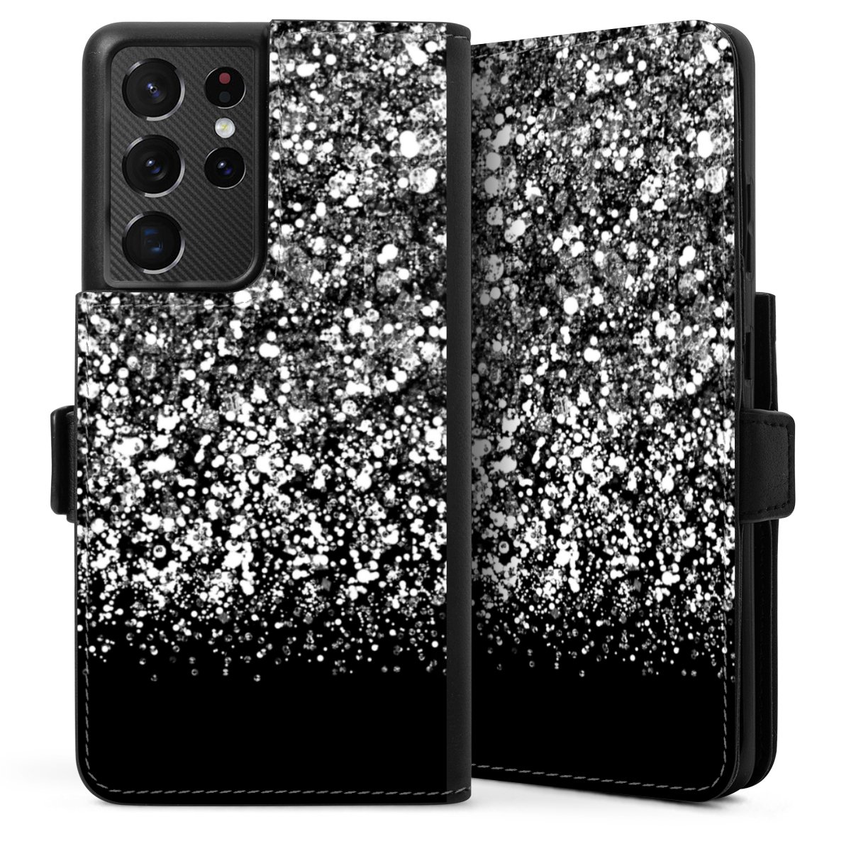 Galaxy S21 Ultra 5G Handy Klapphülle Handyhülle aus Kunst Leder schwarz Flip Case Glitzer Snowflake Muster Sideflip mit Lasche