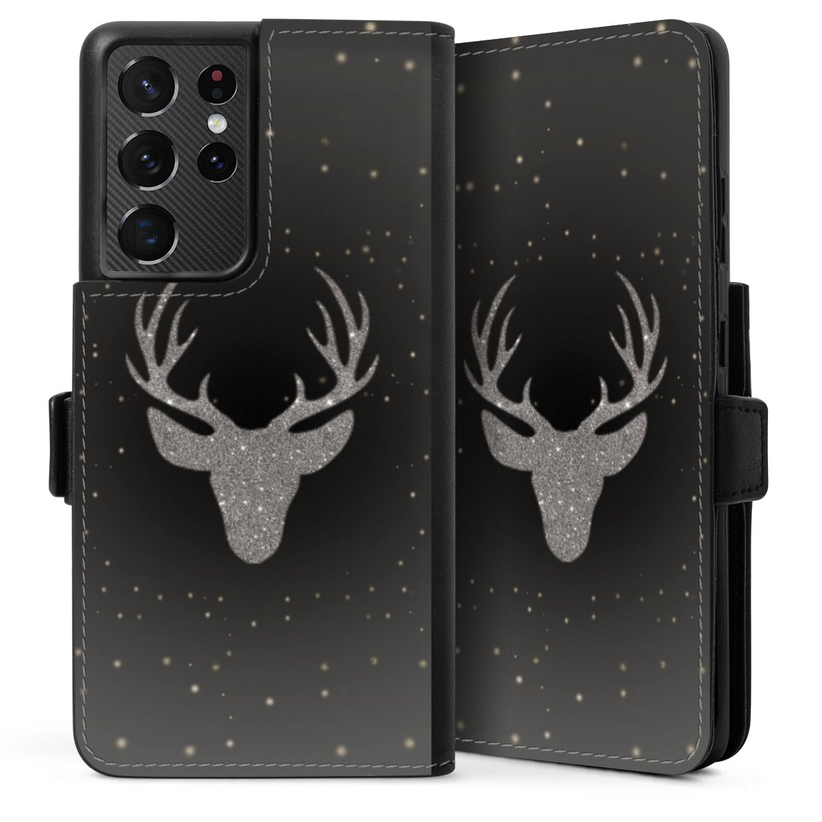 Galaxy S21 Ultra 5G Handy Klapphülle Handyhülle aus Kunst Leder schwarz Flip Case Winter Deer Glitzer Sideflip mit Lasche