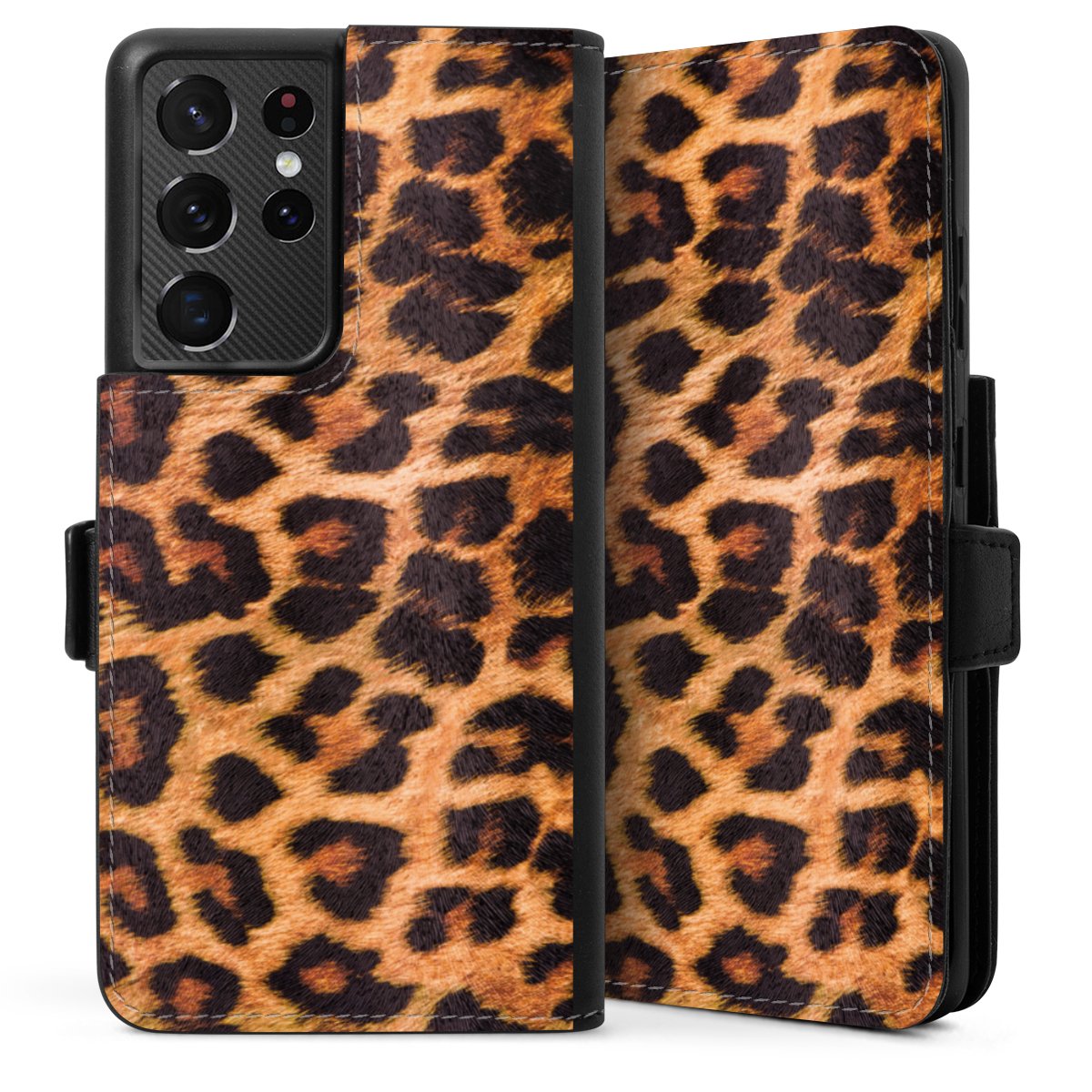 Galaxy S21 Ultra 5G Handy Klapphülle Handyhülle aus Kunst Leder schwarz Flip Case Animal Print Leopard Fur Sideflip mit Lasche