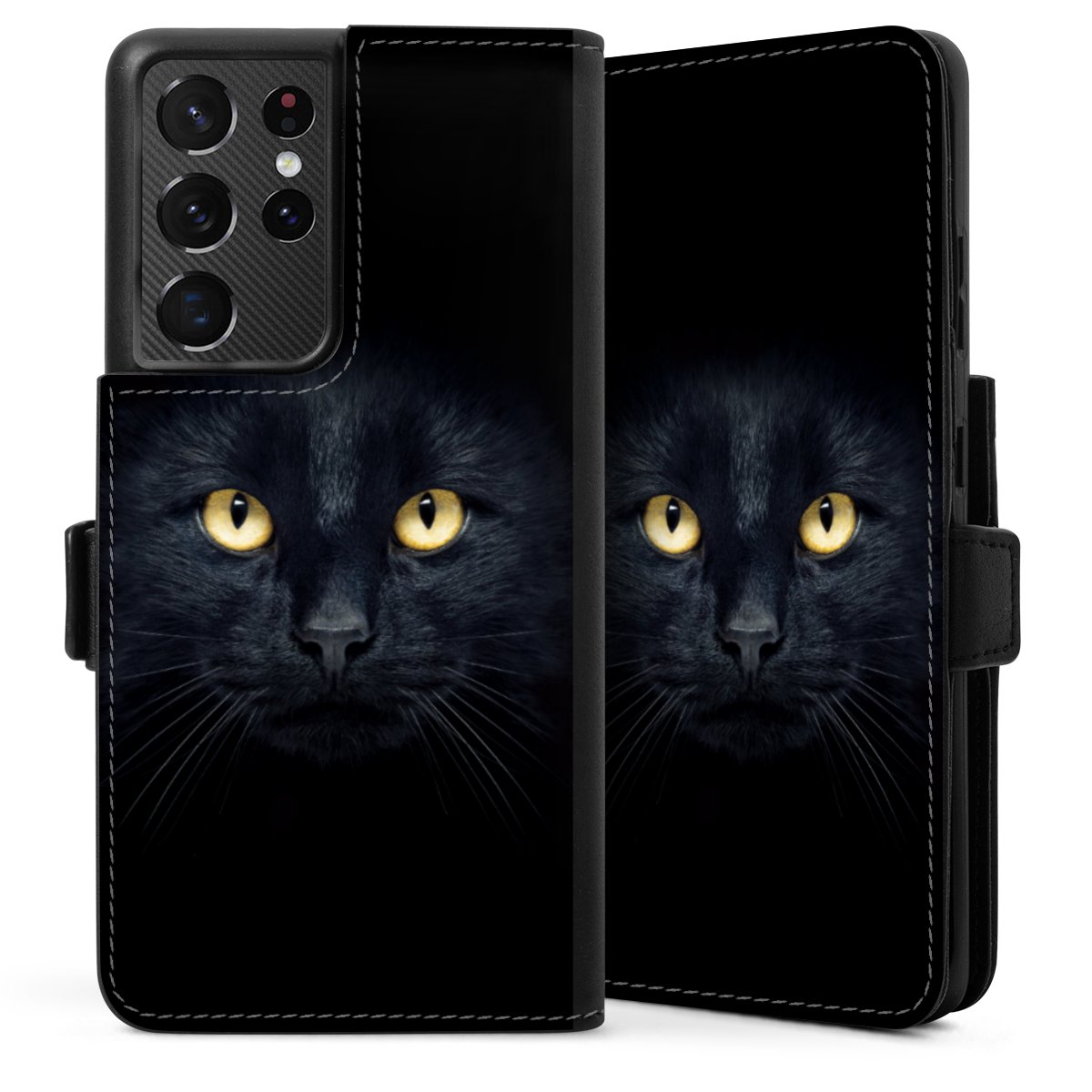 Galaxy S21 Ultra 5G Handy Klapphülle Handyhülle aus Kunst Leder schwarz Flip Case Eye Cat Black Sideflip mit Lasche