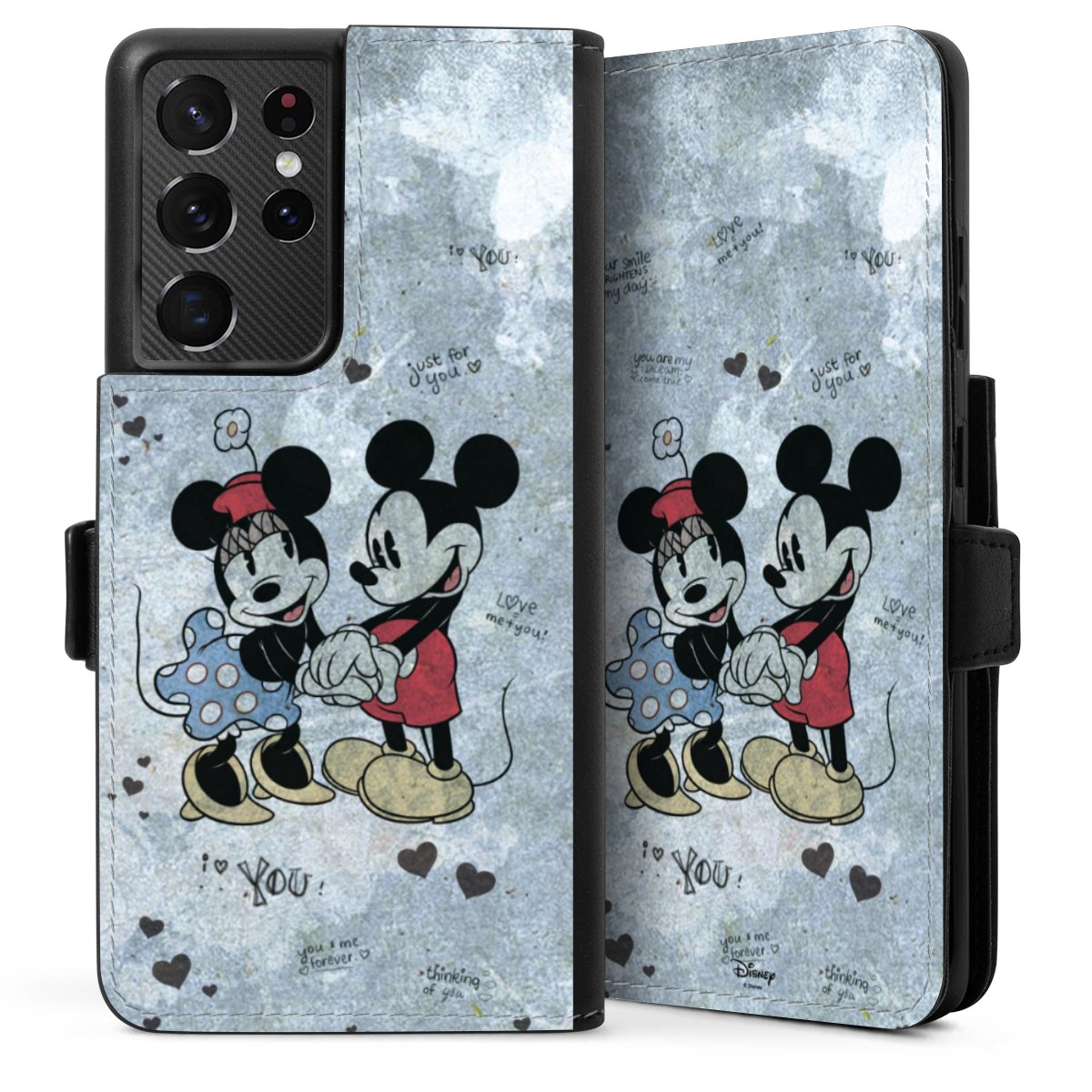 Galaxy S21 Ultra 5G Handy Klapphülle Handyhülle aus Kunst Leder schwarz Flip Case Mickey & Minnie Mouse Vintage Disney Sideflip mit Lasche