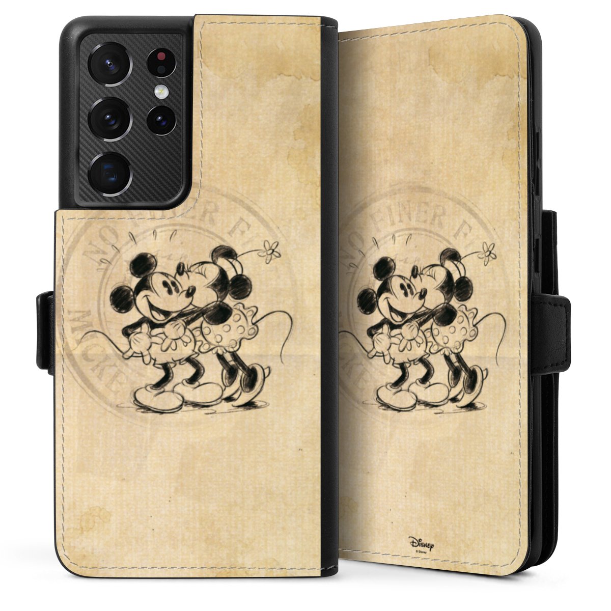 Galaxy S21 Ultra 5G Handy Klapphülle Handyhülle aus Kunst Leder schwarz Flip Case Mickey Mouse Vintage Minnie Mouse Sideflip mit Lasche