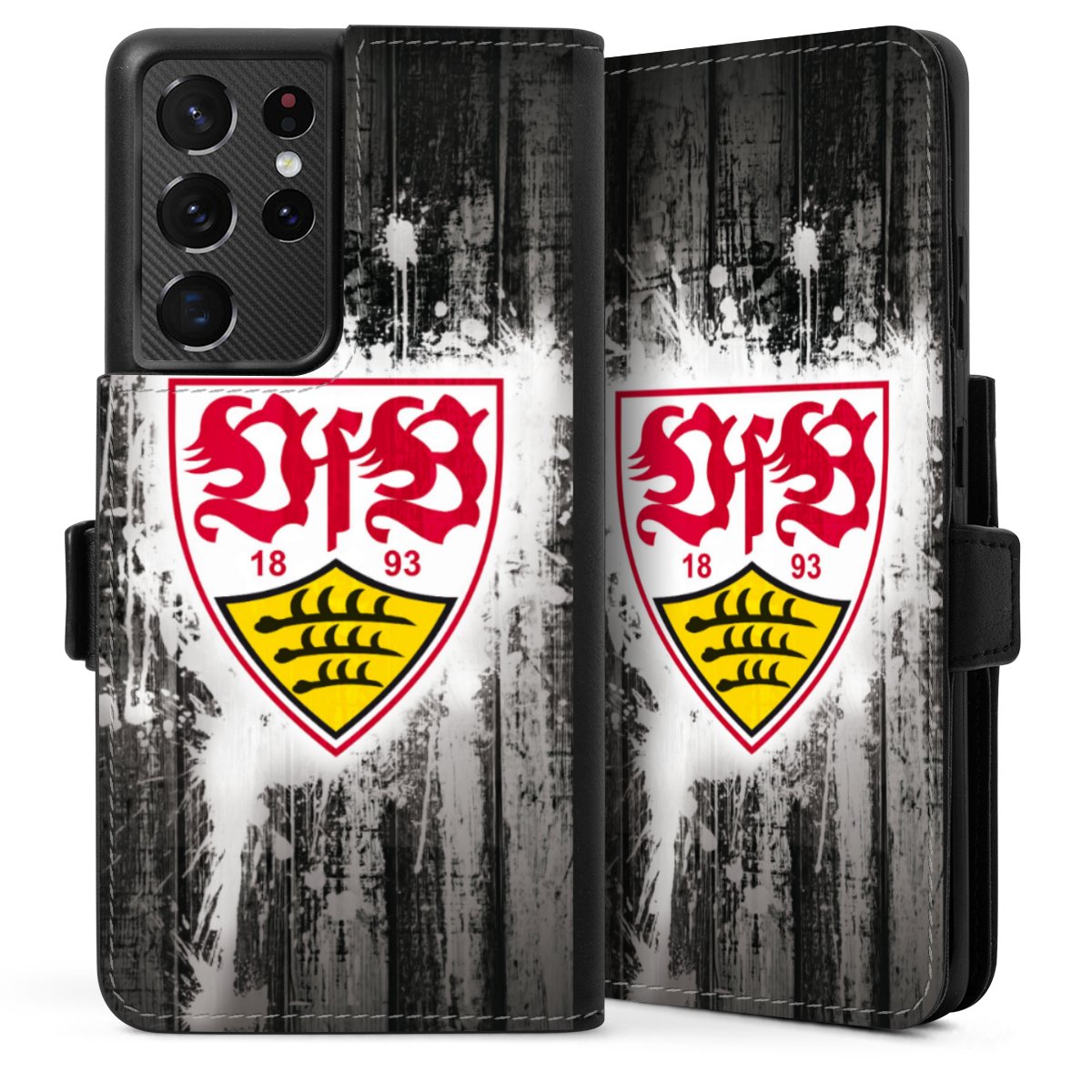 Galaxy S21 Ultra 5G Handy Klapphülle Handyhülle aus Kunst Leder schwarz Flip Case Vfb Stuttgart Official Licensed Product Sideflip mit Lasche